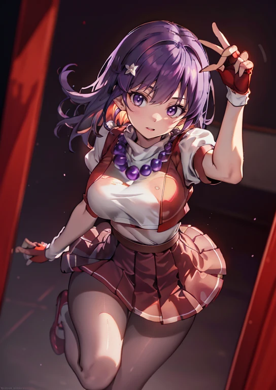 <lora:Ironmouse:0.8> ironmouse, purple eyes, pink hair, purple hair, streaked hair, two side up, horns, smile,    <lora:shiranui_mai_(cosplay)_v0.1:1> shiranui mai \(cosplay\),japanese clothes, cleavage, bare shoulders, pelvic curtain,, absurdres, ultra detailed, masterpiece, best quality, aesthetic, detailed,