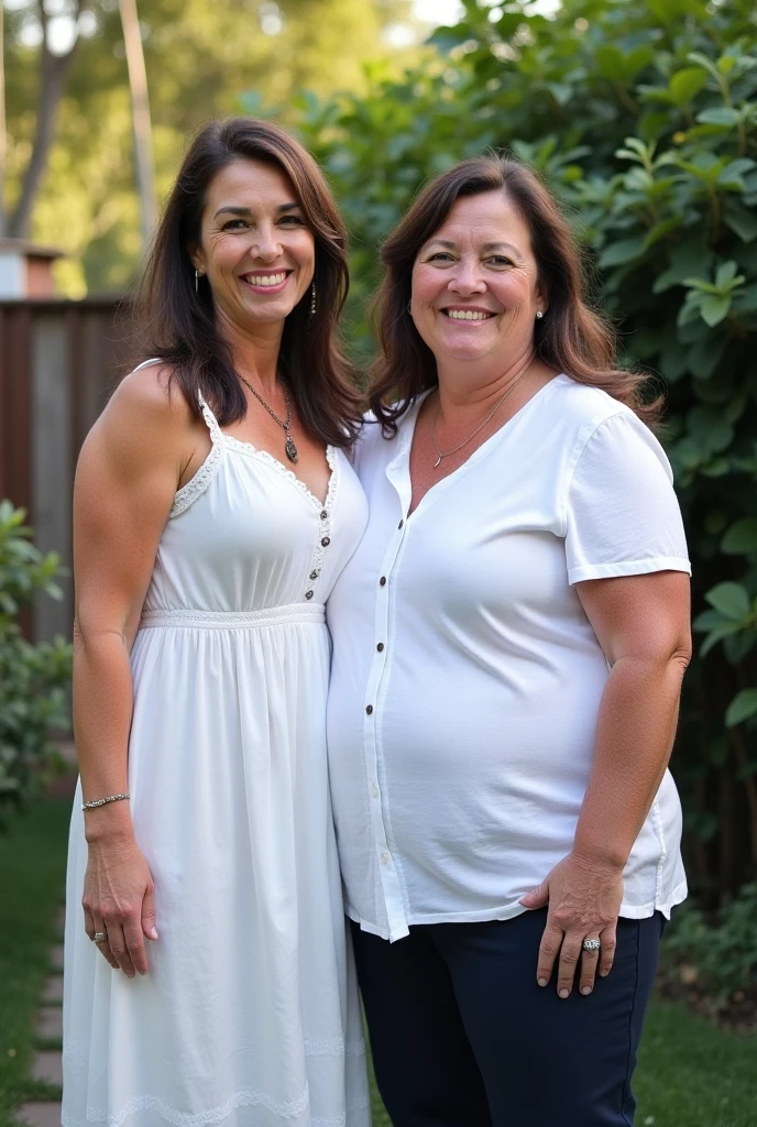 there are two women together in a parking lot, at night, at dusk!, at night!, at sunset, sunset!, camaraderie, pillar, late at night, photo taken at night, two women, sunset, setting sunset, summer night, night sunlight, night to dusk, beautiful scenery. Woman in good physical shape. A woman with white skin and dark hair. She is about 35 years old. Her slightly plump red lips are like a delicate flower, her dark brown eyes seem to contain a world of wonders. Slim body. Thin waist. Her body exudes glamor and her face is the definition of beauty. Highly realistic, still, slightly full lips, pink lipstick, smile, feeling of lightness and joy, hyper-realism, very elaborate skin, look. Fitness woman. Sharp photo, high quality, high resolution, masterpiece, 8k.