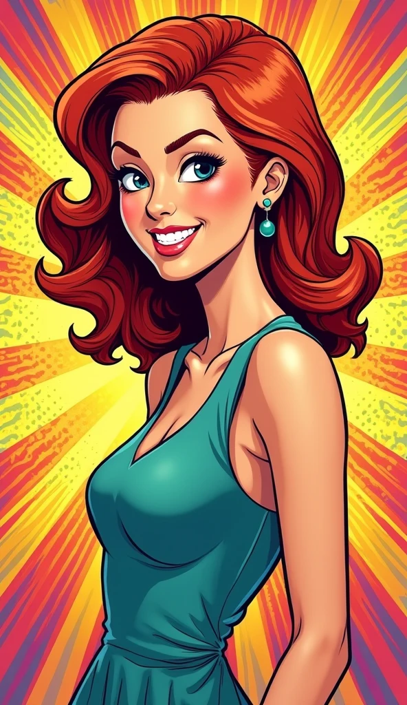 Woman with cleavage, breasts big, redhead and big mouth with very white teeth. Make a funny drawing of her.
