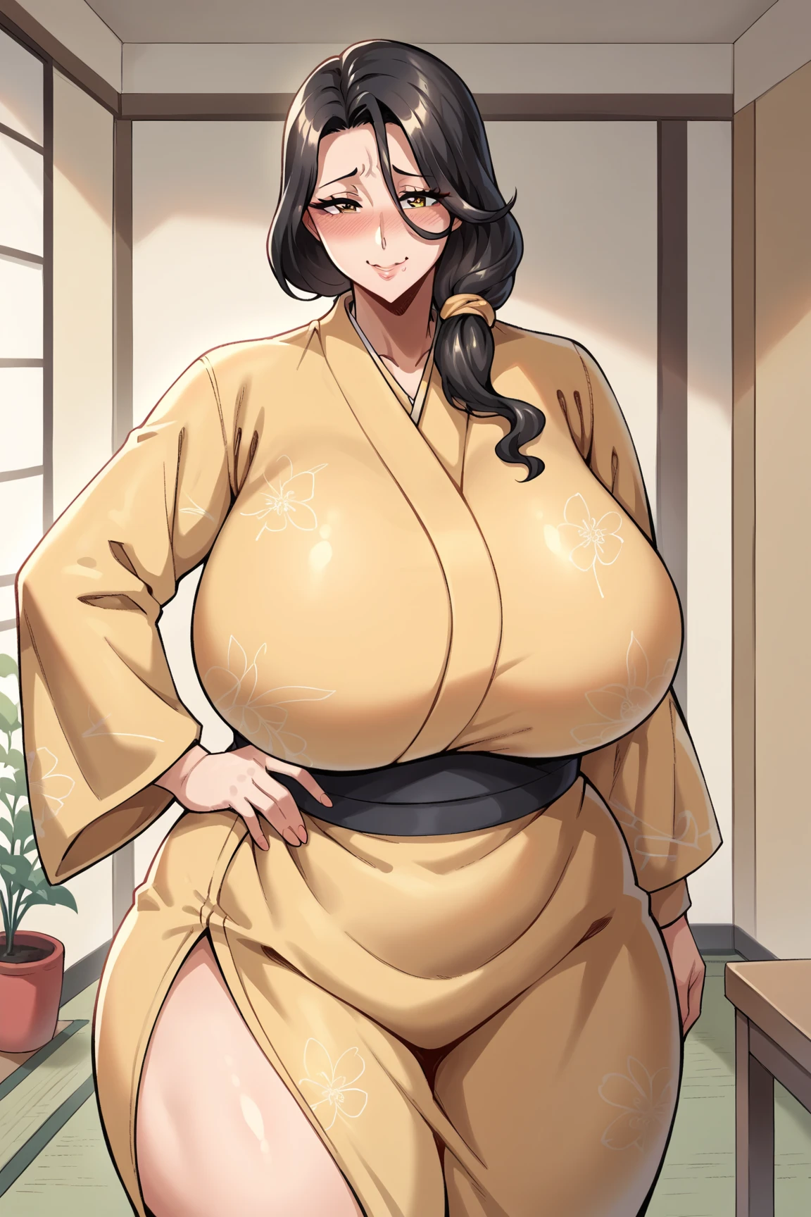 son,1womanl, (tmasterpiece: 1.3),Beautiful mature woman Japan woman, Detailed finger, beautifull hands, hyper realisitc, 1womanl, (drooping chest, Bewitching body: 1.2) brunette color hair: 1.1, Super Detailed Face, Detailed lips, Detailed eyes, 二重まぶた,Colossal breasts wrapped in pink transparent belly pockets leak out,Has a deep V-bust,Visible transparent pink belly pocket,Visible transparent pink lace panties,The rope at one end of the panties is untied and seems to fall off,Leakage of ,covering breasts with hands,Super plump and firm big breasts , Horizontal posture, Visible curves,full body1:1