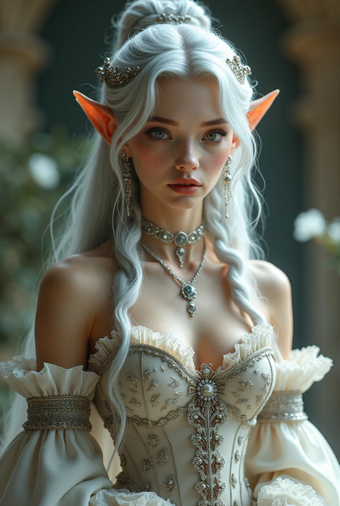 (best quality), 1girl, female, pale skin, white hair, long hair, swept bangs, straight hair, blue eyes, perfect eyes, , slender, flat chest, shy, (elf), pointed ears, fantasy dress, masterpiece, anatomically correct, highres