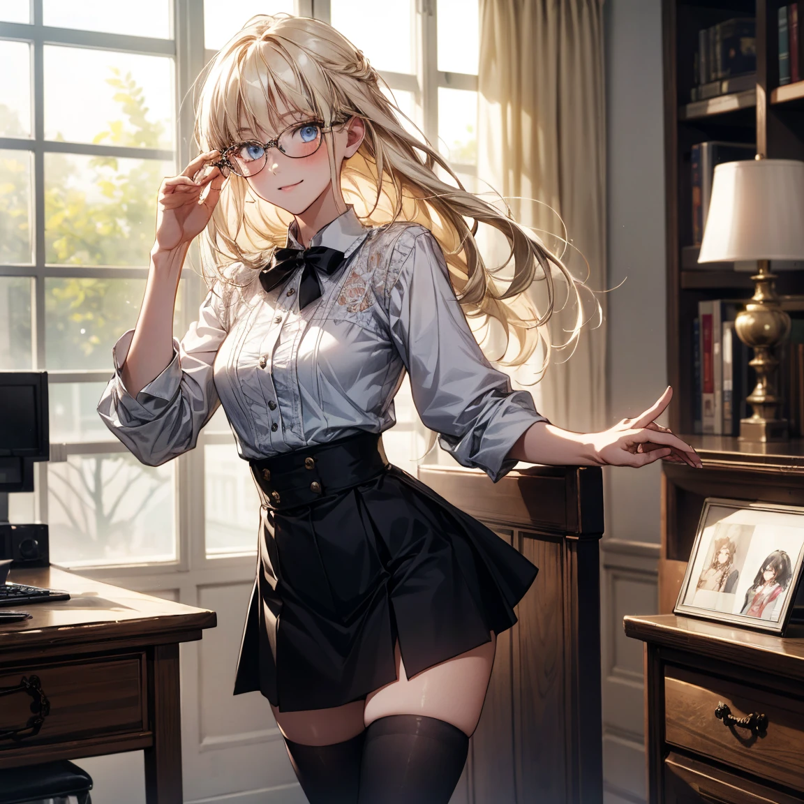 finest image, anime manga illustration style, colorful and soft watercolor painting, portrait, intelligent sexy beauty, amorous expression, lewd expression, laugh, happy, shy, light blonde glossy flowing layered iridescent hair, blue sparkling big eyes, red alluring moist big thick lips, unbuttoned white shirt, black miniskirt, black pantyhose, see-through red lace lingerie, glasses, great proportion, professional lighting