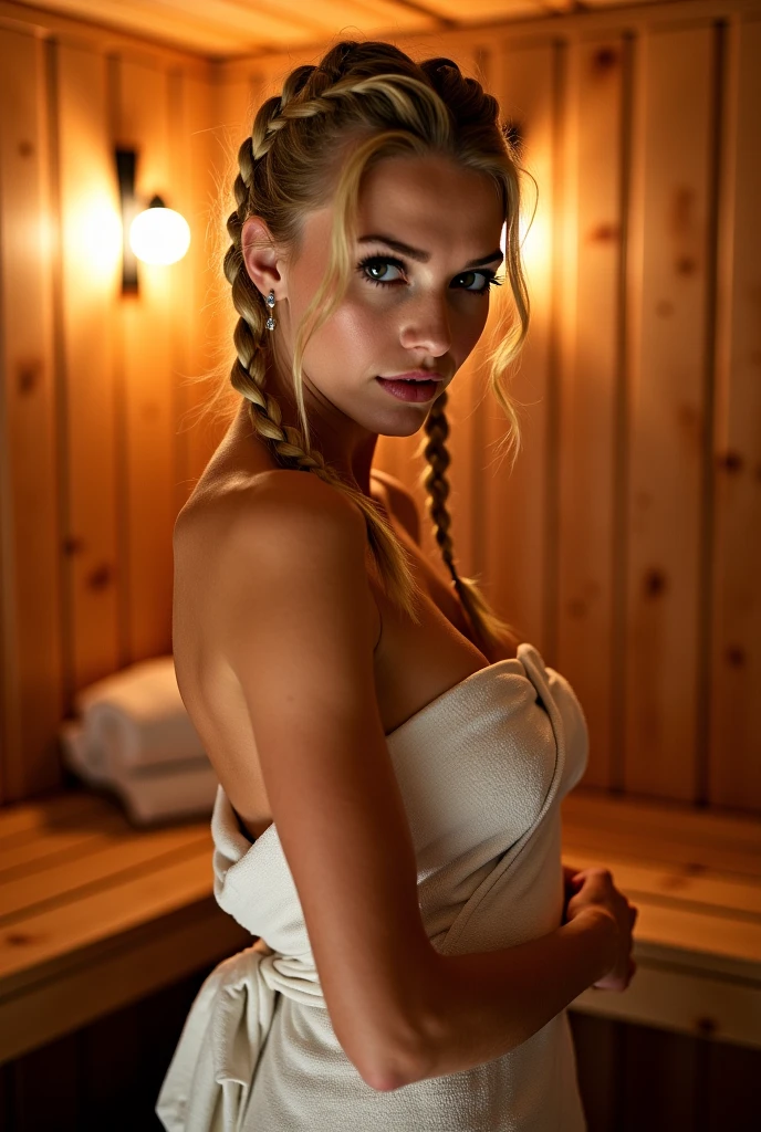 (best quality, 4k, 8k, high res, masterpiece:1.2), ultra-detailed LaGermania, (photo-realistic:1.37), ((best quality)), ((masterpiece)), (detailed), perfect face, ((Lucy Boynton)), ((18th centaury Bohemian peasant girl, blonde hair in braids)), athletic build, ((dressed in a colourful Bohemian costume with opened cleavage)), ((in a relaxed pose sowing on an old chair in a wood cabin bathed in natural candle light casting bold shadows)), ((perfect eyes)),