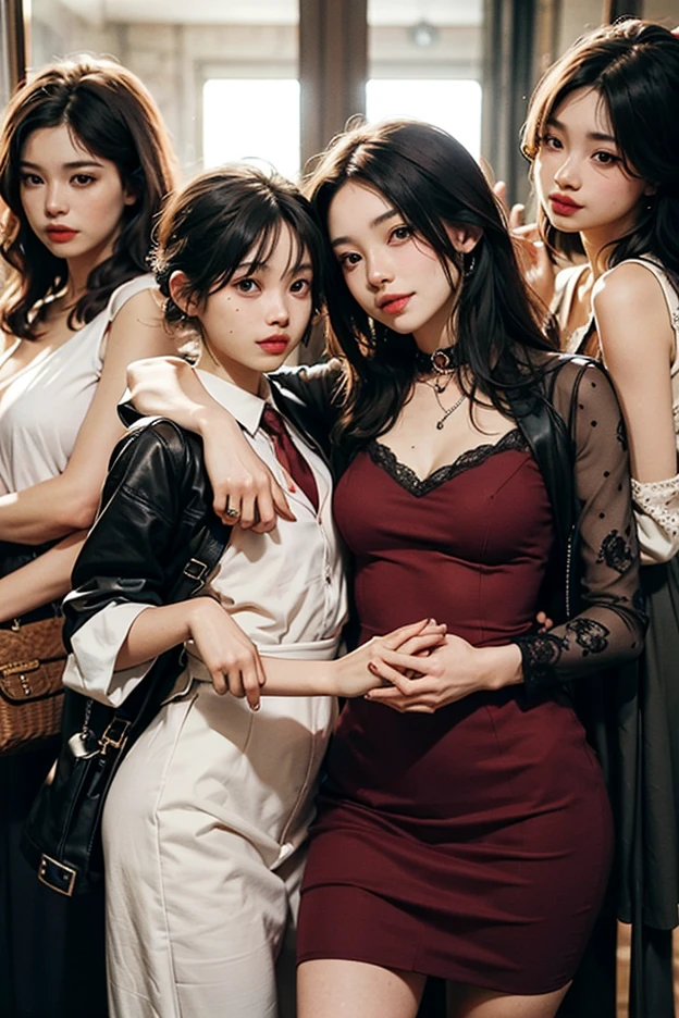 Two women feeding each other on a bench,Chinese off-the-shoulder tulle dress,Black and white and red and blue,Long legs,joy