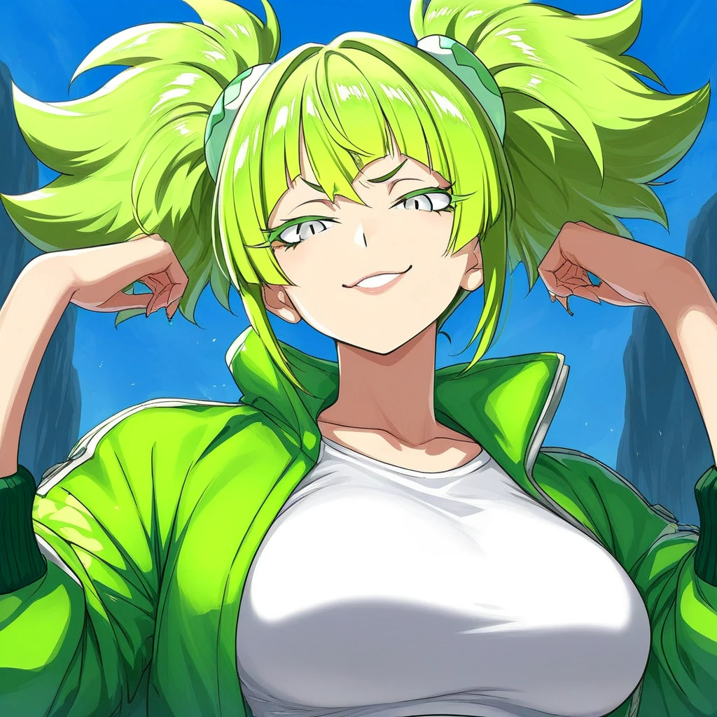 horikoshi kouhei, 1 girl, isuku midoriya, female, girl, bare shoulders, naked, green hair, blurred, blurred background, boku no hero academia, chama kou, high resolution, looking away, female focus, sexy, yellow-green eyes, long wavy hair, hair tied in ponytail, sweat, big breast, twitter username, confident smile, freckles on nose, pretty feminine features,