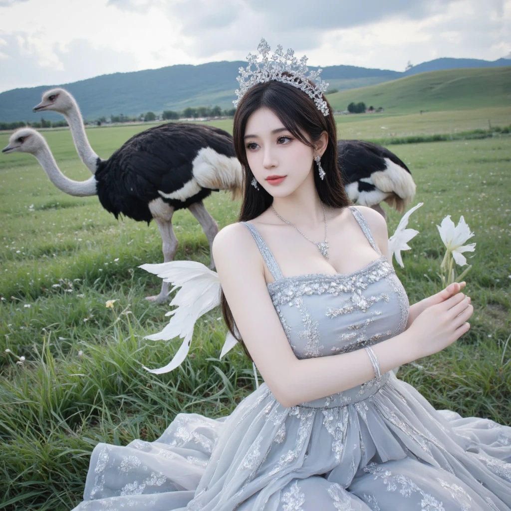 (​masterpiece, best quality:1.5), highest quality, High resolution, super detailed, Realists, Upper body photo of a brunette sorceress, detailed and beautiful eyes, beautiful detailed lips, very detailed eyes and face, longeyelashes, shiny satin dress, Holding a magic wand in your hand and performing eine Transformation spell, Magic wands present and shiny,  Beautiful and colorful makeup, elegant and noble々The jewelry bag, Gardens as background, soft daylight, bright colors, fine brushstrokes, Portrait style, Silk dress fabric, beautiful color palette, glowing skin, First-class rendering, that captures every detail, enchanting atmosphere, subtle shadows and lights, (perfect anatomy:1.2), (The stunning sorceress transform birds into a dress in front of her (eine Transformation):1.4), (magnificent panorama view:1.2)