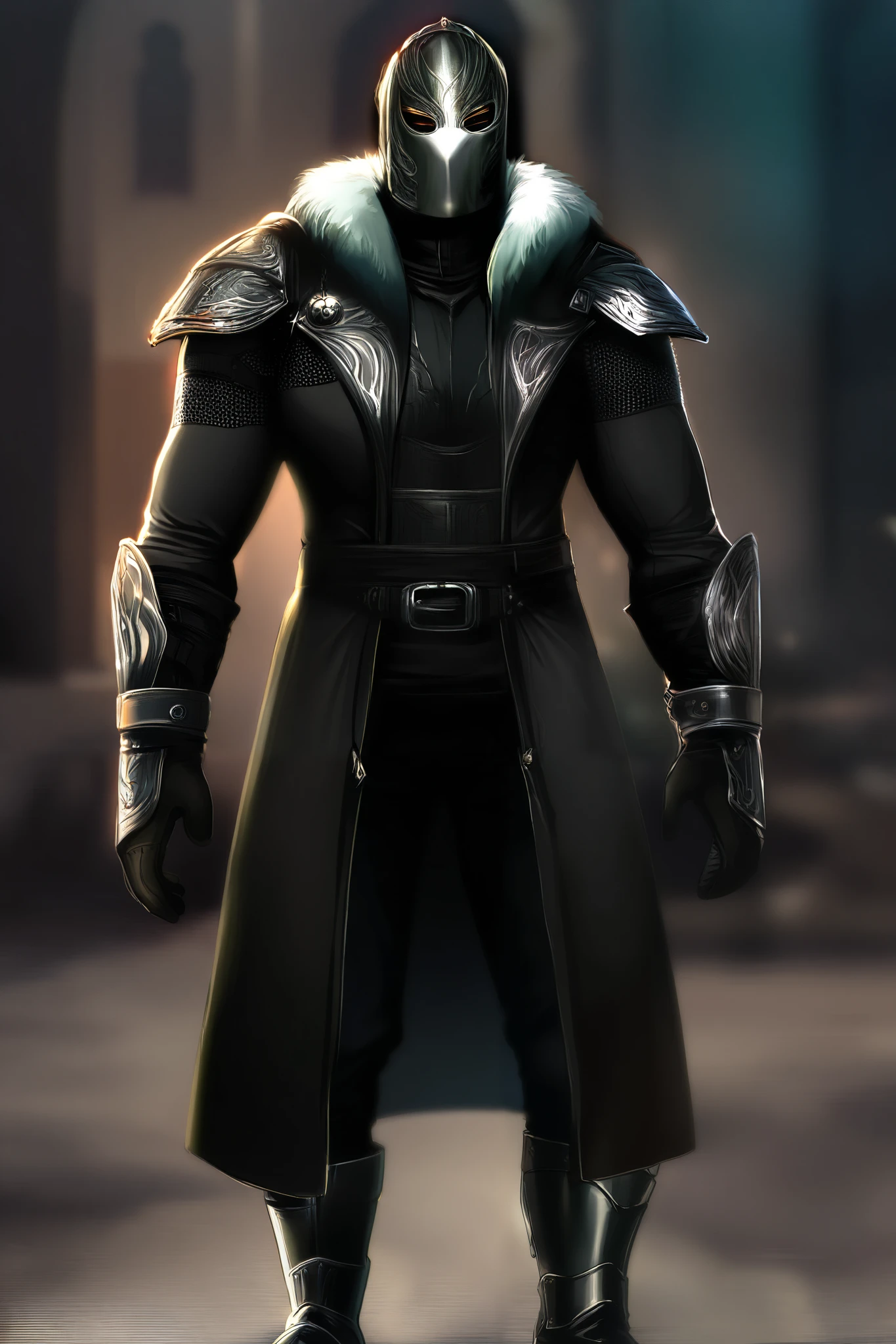 Faceless character , face in a mask, sophisticated long coat with fur collar, dark fabric layers, metallic accents on clothing, black gloves, sturdy boots, Standing Straight Pose, face forward, unknown direction of view, darkened facial features, in a fantasy setting , dimly lit environment, Dark atmosphere, video game aesthetics , Character design, focused on armor and mystery, front view, minimum depth of field, accented costume details