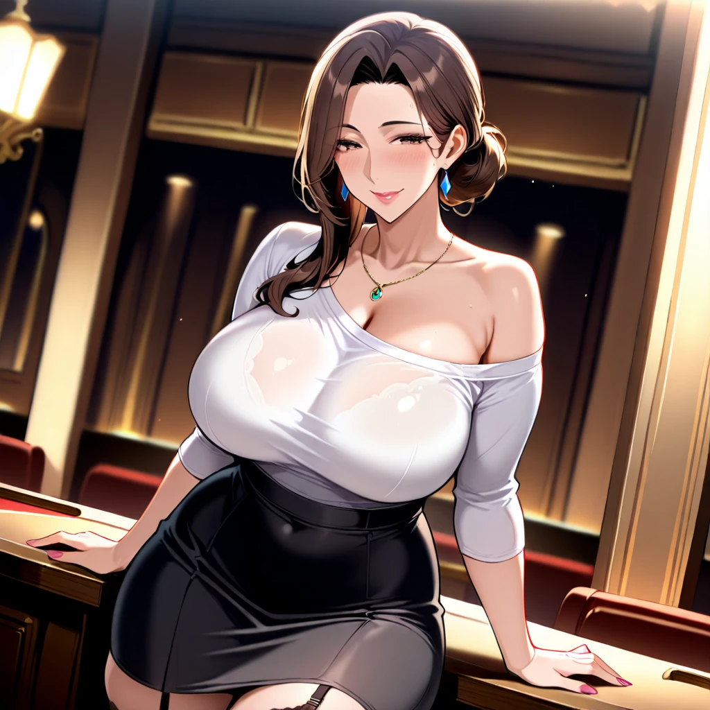 blue shirt, black skirt, luxury livingroom background, window, night, rainy night city view, sayuri, anime cels style, best quality, high resolution, 1girl, (huge breasts:1.2), beautiful face, green eyes, dark brown hair, (very wavy hair : 1.3), braided hair, (two beauty spots near her left eyes), lipstick, cowboy shot, smiling, blushing, beautiful long legs, beautiful body