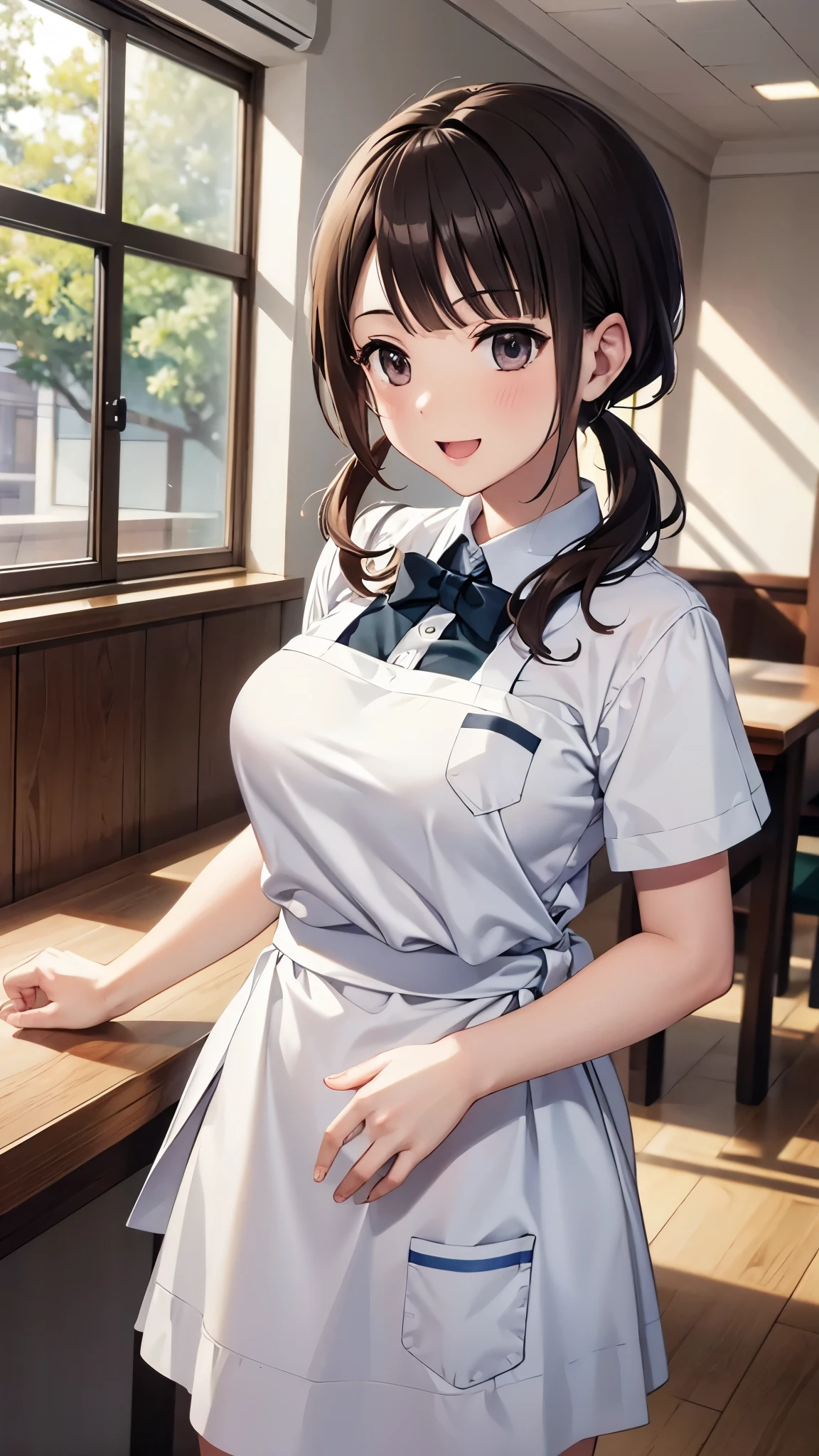 masterpiece, best quality, high resolution, anatomically correct, okitasawa, up sidetale:1.3 ,white y-shirt,beatiful eyes:1.9,:d:1.3,green apron,cafeteria,beautiful face,ultra high detail eyes,from front,standing,face shot:1.3,face focus:1.3