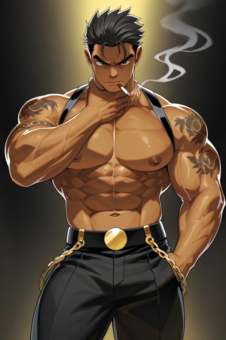 A fierce young man stands confidently, his intense gaze piercing through the viewer. He sports a stylish punk look, complete with a spiked leather jacket, layered necklaces, and a cross earring. His muscular physique is highlighted by a cropped tank top, revealing his chiseled abs. The background is a vibrant explosion of colors, adding to the dynamic and rebellious vibe of the scene.