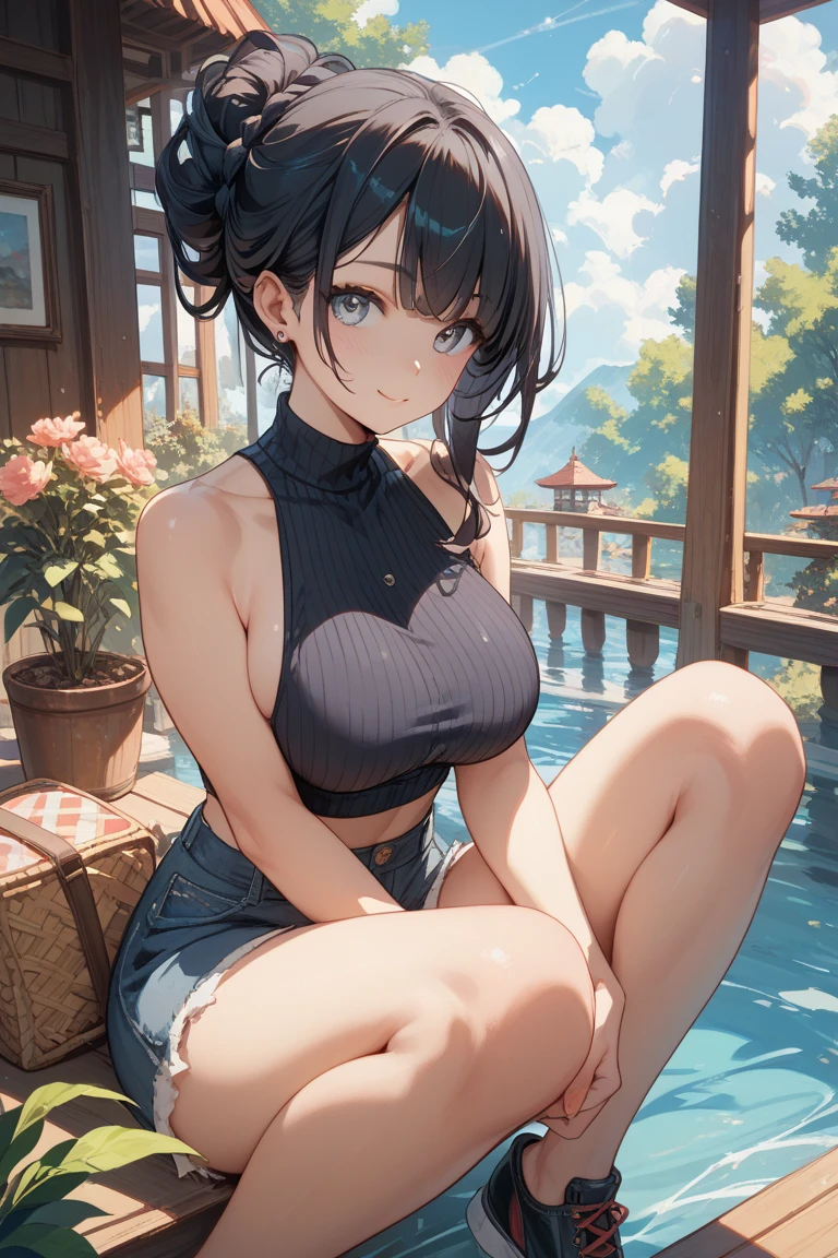 NSFW、(masterpiece、Highest quality:1.2)、1 person、solo、Open legs、Legs open、Leg spread、M字Leg spread、White string panties、(Big Tits、Big Breasts、Transparent breasts)、In town、congestion、belly button、Thigh、(Big Tits、Big Breasts、Transparent breasts)、(Erect nipples、black tank top shirt、black bra top、Low rise、belly button、Navy blue denim short skirt、Micro Mini Skirt、White string panties、Gold Necklace)、(Big Tits、Big Breasts)、(tall、Toned body、slim body、Brown Skin、Sunburn、Big Breasts)、(Slanted Eyes、Dark Eyes)、(Sexy look、Erotic look、Estrus、Lust)、((black hair medium straight、Black hair medium bob))、In town、Female teacher, 23 years old、Rumiko Honjo、((masterpiece))、((Highest quality))、((detailed)、((Adult female))、photograph、美しくdetailedな顔、detailedな目、独奏、