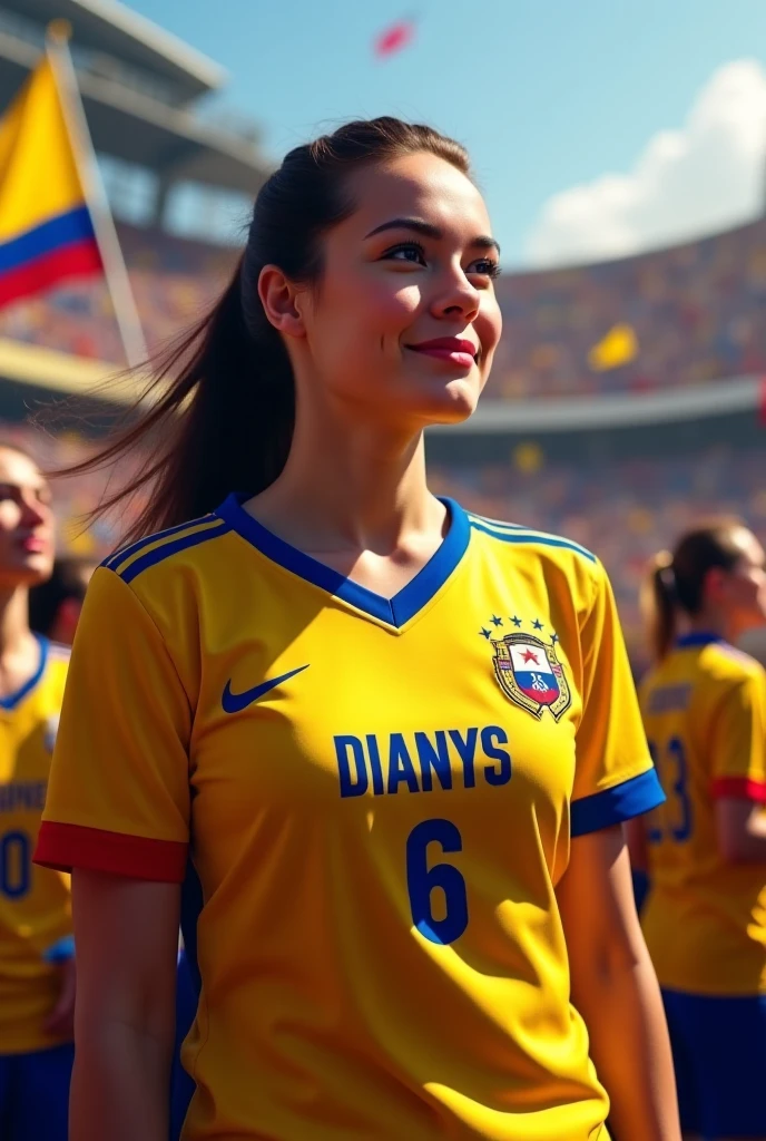 Woman in the stadium fan of the Colombian national team t-shirt with number 10 and name Sofia long black hair