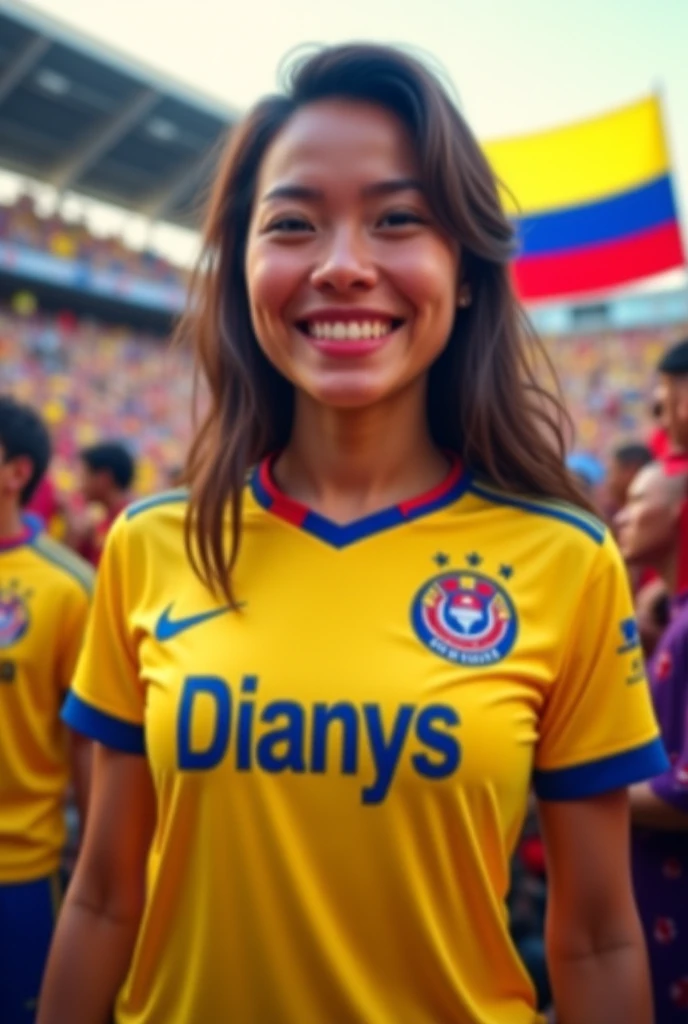 A girl who is chubby, with copper hair, and the Colombia shirt.