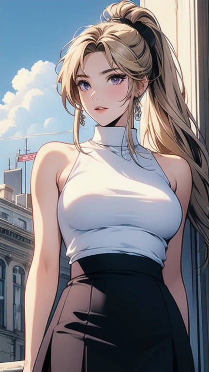 saeki kaori, parted bangs high ponytail, blonde, purple eyes, White sleeveless turtleneck black pencil skirt,
jewelry, put your hand on your chest,See-through, looking at the viewer,  hair ornaments, choker, shy,
(huge breasts:1.2, Upper body, from below, camel toe, white panties, lift skirt,)
(masterpiece, highest quality, highest quality, official art, beautiful and aesthetic:1.2), (1 girl), very detailed,  colorful, most detailed,
city,street, leaning,  wall, sun, cloud,
