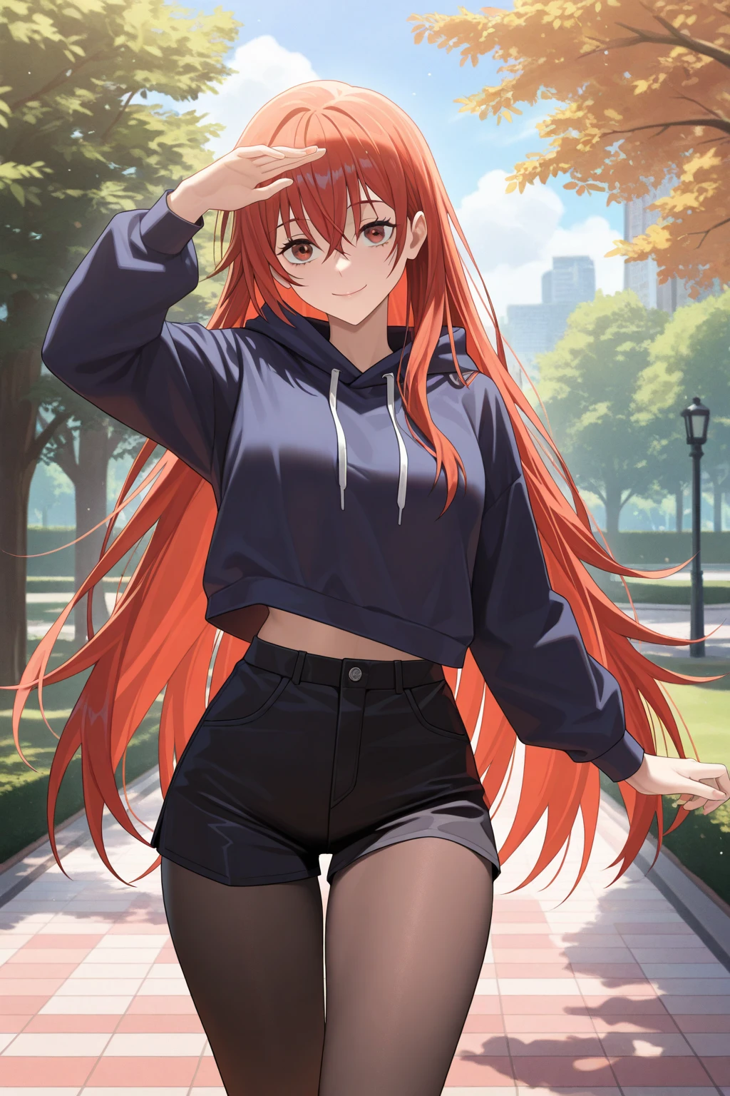 Anime girl, red hair, park, leggings, full body shot, sexy,