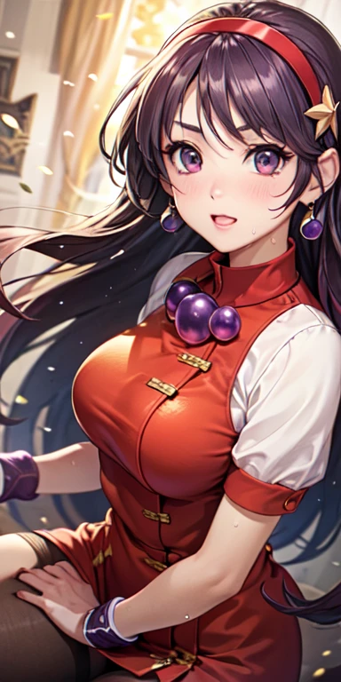 black background,jiangtong, 1girl, solo, horns, cleavage, big breast,brown eyes,upper body, <lora:jiangtong:0.7>,evil smile