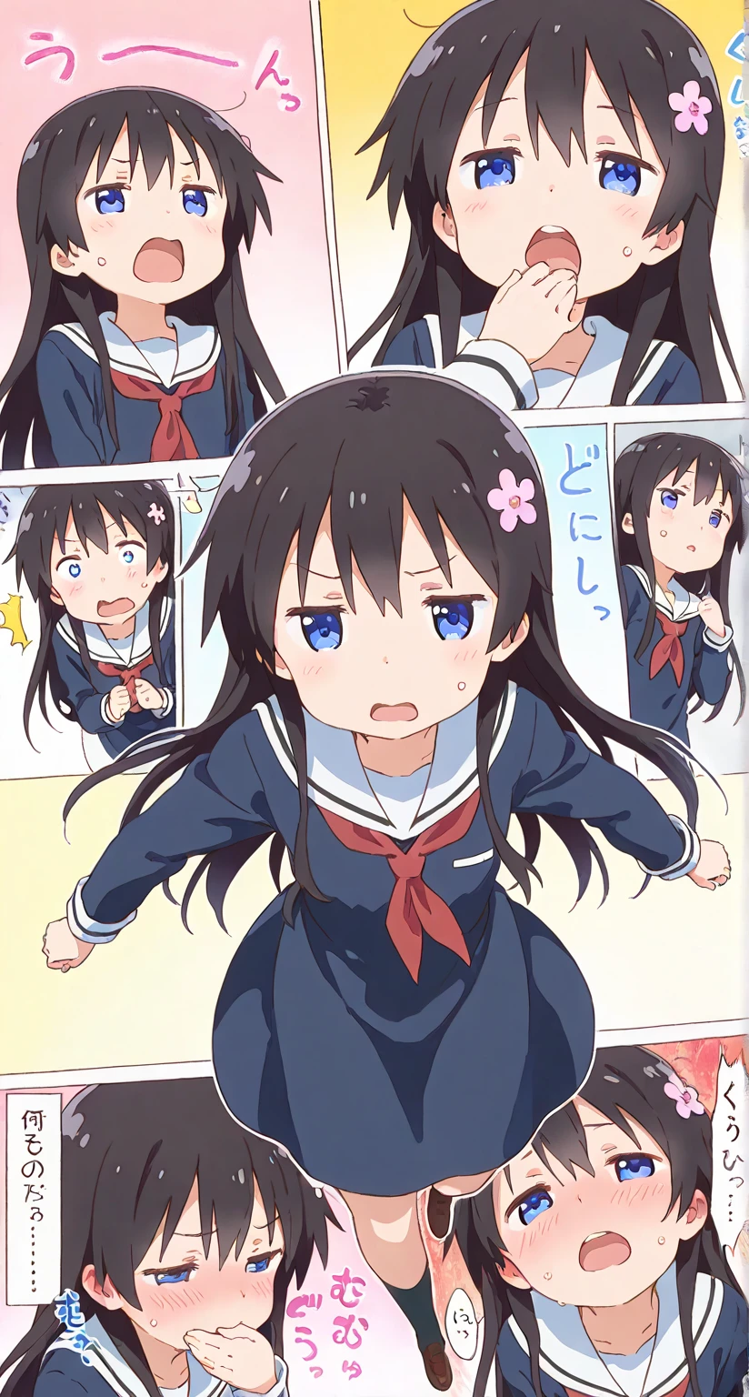 master,piece,best quality,Full body portrait from head to toe,Small and cute 、1 girl、、Black Hair、long hair、Embarrassed、Open your mouth、Navy blue sailor suit、Pleated mini skirt、Knee-high stockings、((School classroom))、cute pose,Close-up of face、Top view