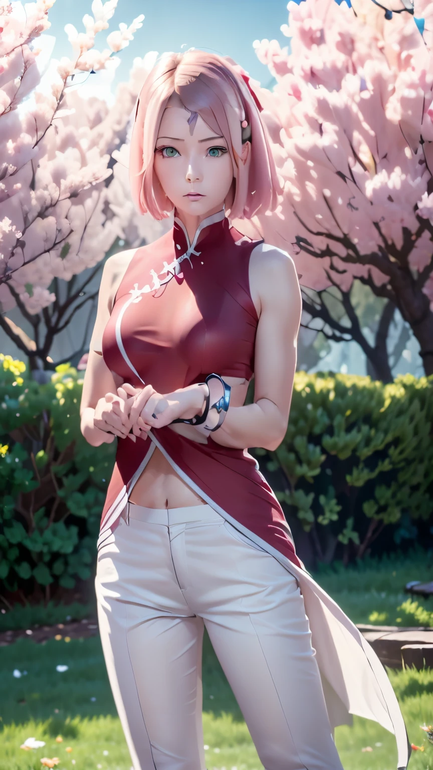 A girl cosplaying as the character sakura from the anime naruto shimpudder. She has long pink hair, a bandana tied in white, a green ninja vest, naruto shimpudder-like costume, Slightly open neckline, red color outfit with black, bright green eyes, tight black shorts, thick legs, slim waist, fighting stance, wears black gloves, black boots,  ultra realistic and detailed cosplay of the character sakura. Masterpiece, Ultra HD, 8k, photography, real skin, real hair, blurred background f1.2. Masterpiece, professional realistic photography style. 