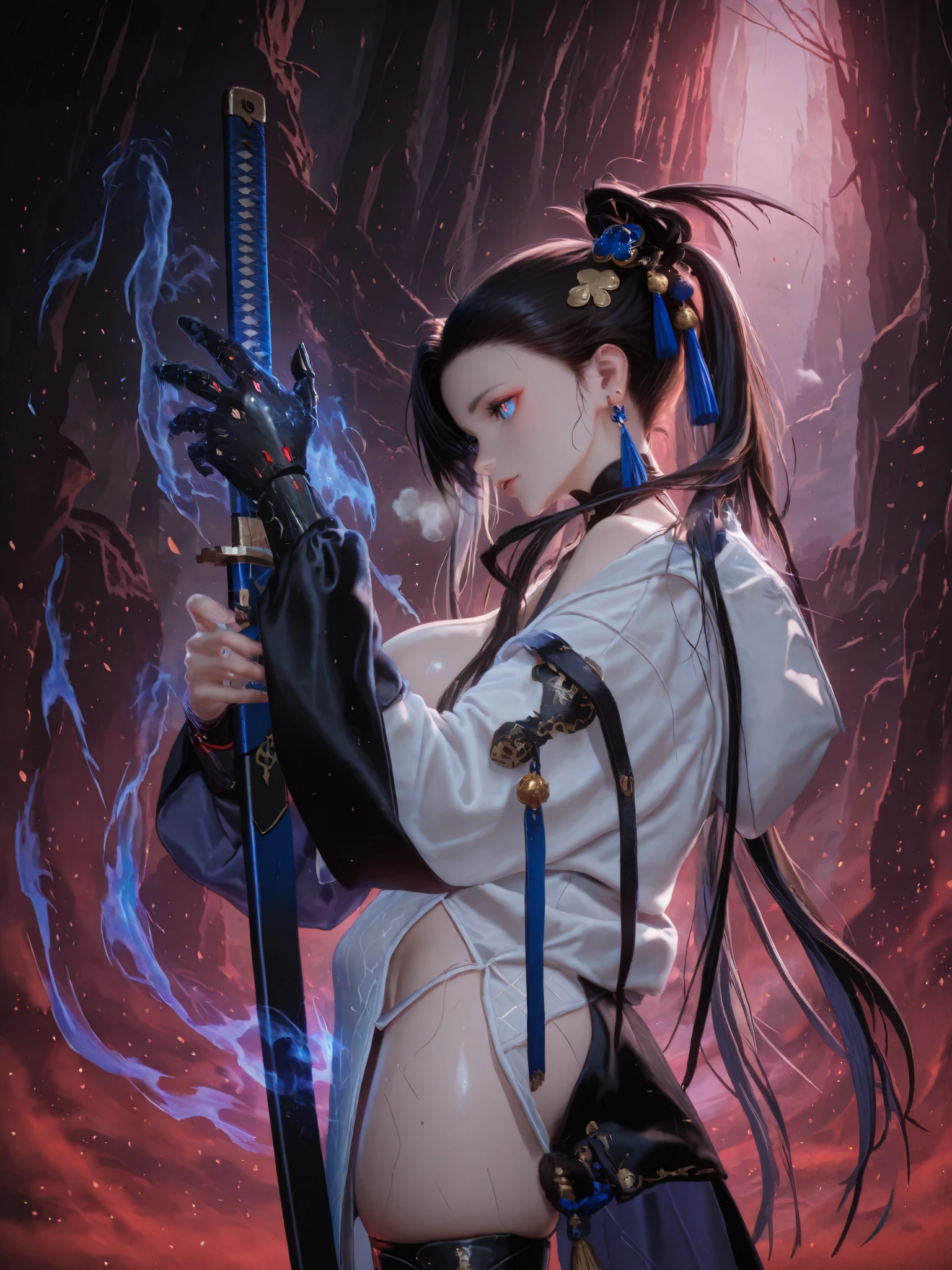 shitano-neno-kawakanu-uchini, anime coloring, anime screencap, anime-style detailed background, vignetting, masterpiece, high quality, absurdres, best quality, very aesthetic, newest, dynamic composition, anatomical correct, HD, 4K, digital art, trending on ArtStation, ((anatomical correct)), perfect body, perfect eyes, perfect fingers, gasping, heavy breathing, gasping profusely, cinematic, ((skindentation)), ((curvy)), blue eyes, long hair, twintails, black hair, hair ornament, tassel, very long hair, large breasts, lips, boots, hair over one eye, brown hair, asymmetrical bangs, foreshortening, gradient color eyes, (yulan1*1.2), ((bright pupils)), plump, 1girl, weapon, solo, sword, red_background, katana, holding_weapon, holding, simple_background, ear_piercing, sheath, holding_sword, mechanical_arms, profile, from_side, sheathed, looking_at_viewer, cyborg, white jacket, sweater dress, off shoulder, black short, (black aura), (grey aura), (aura:1.2)