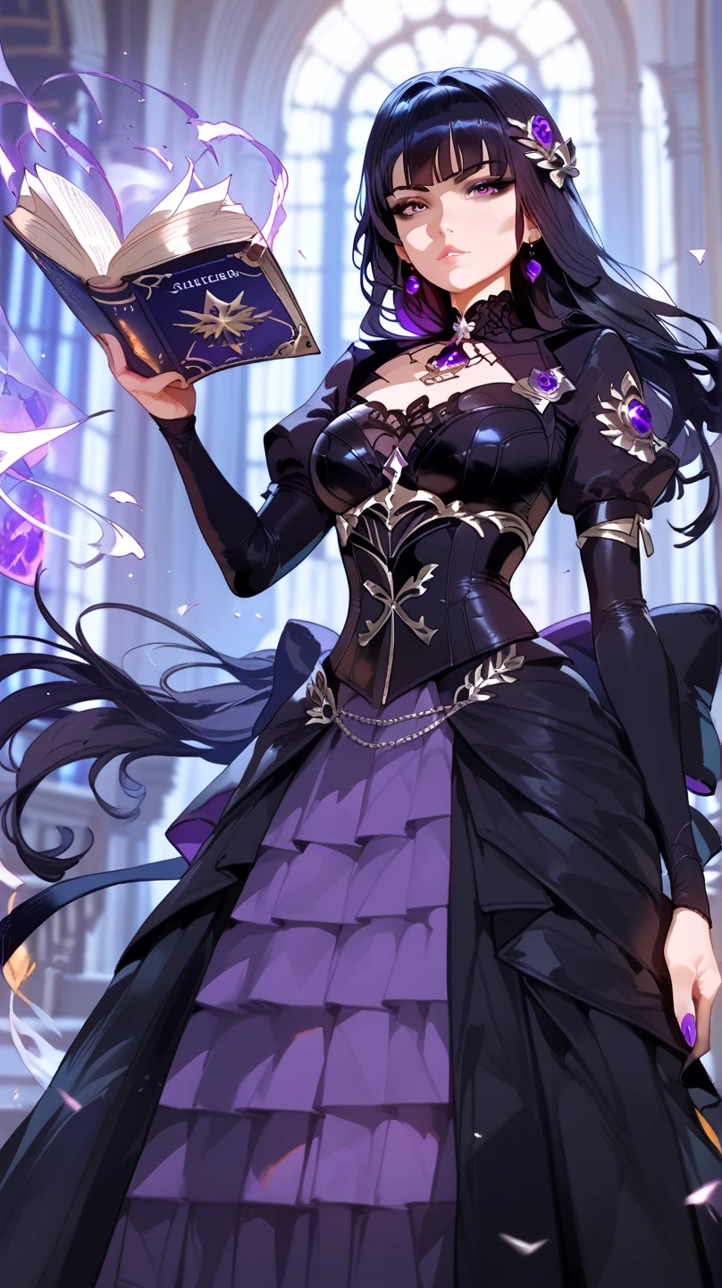 arafed woman in a purple dress holding a wand and a skull, liliana vess, dark fantasy female magician, magic the gathering sorceress, necromancer sorceress, alluring mesmer woman, evil sorceress, artgerm julie bell beeple, sorceress, fantasy card game art, dark sorceress full view