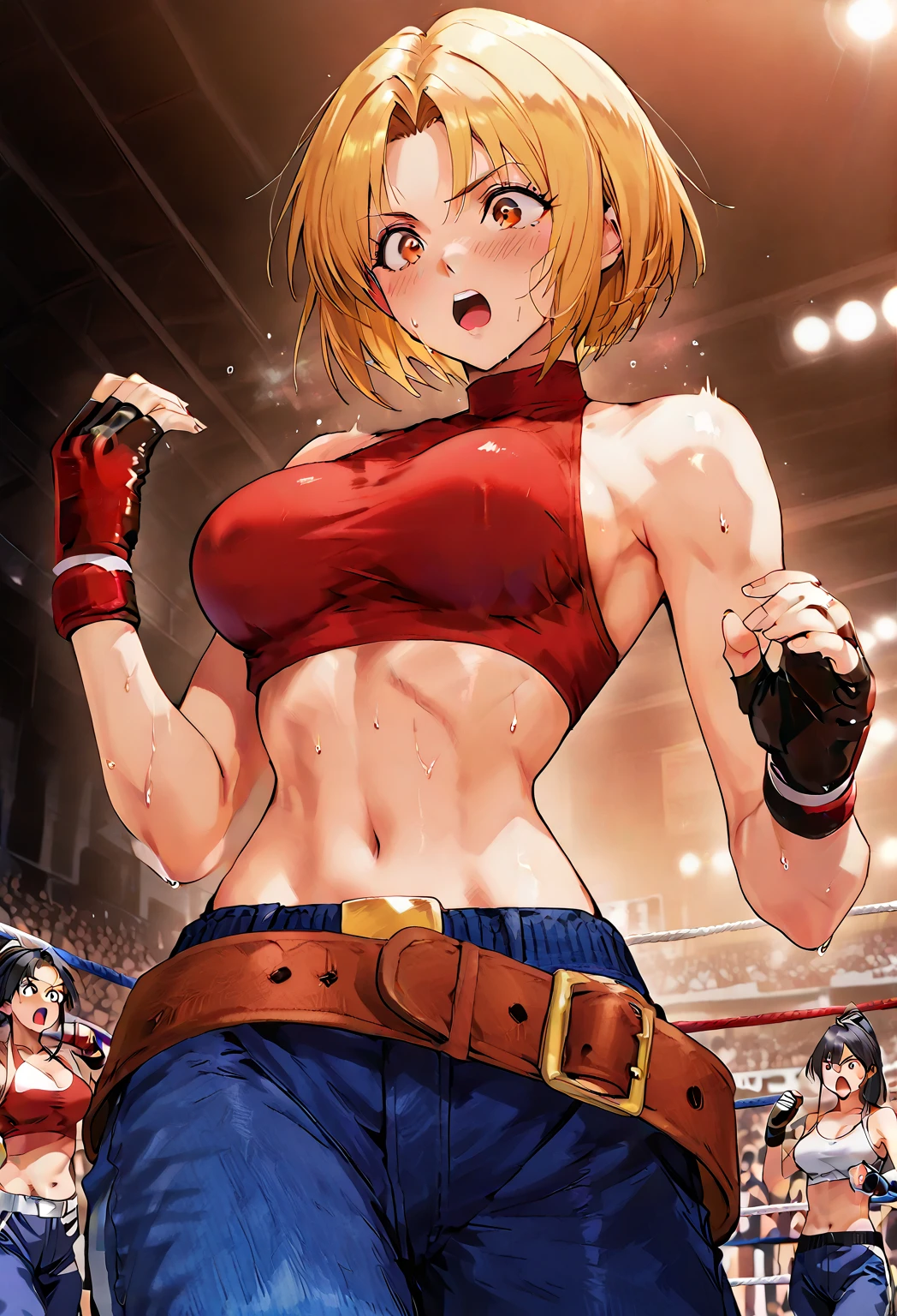 Blonde girl eating steak at steakhouse Wearing sneakers High leg shorts with suspenders Large Breasts Showing her belly button Ultra low rise Knee-high socks No underwear Belt on chest
