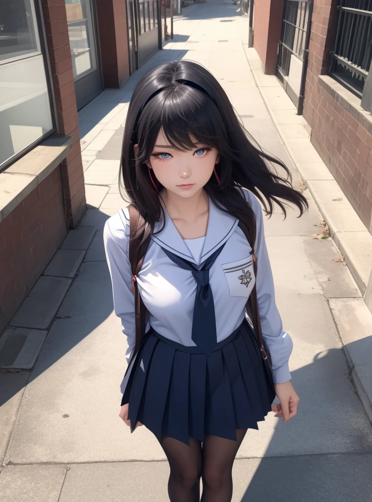 masterpiece, hinata\(boruto\), 1girl, solo, young female, ((((high school uniform)))), (high School), outdoors, looking at viewer, cloudy sky, perfect composition, detailed lips, school building, big breast, beautiful face, body propotion, blush, (pink lips), ((long hair)), purple eyes, soft gaze, sad smile, super realistic, detailed, photoshoot, realistic face and body, realistic pony tail hair, realistic eyes, realistic nose, realistic lips, (((dark blue hair))), 25 years old girl, flowing skirt