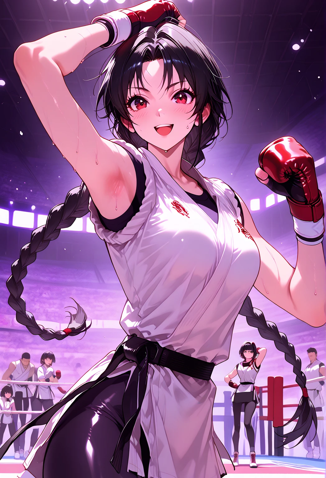 Boxing action A woman wearing a Chinese dress is boxing in the ring. The woman on the right hits the woman on the left in the cheek... The woman on the left is Akane Kurokawa〔My Favorite Child〕has his right eye closed, opening her mouth, and sweat.