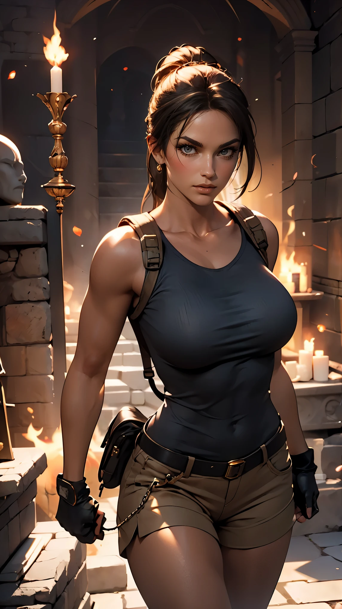 character: A fearless and athletic archaeologist in an adventurous environment .
Description: A young, athletic woman with dark brown hair tied in a ponytail . She wears an olive tank top fitted to her body and brown shorts , with fingerless gloves and hiking boots reinforced with . The character is equipped with a exploration backpack and two holsters attached to the thighs , containing pistols .
scenario: Lara is in an ancient tomb illuminated by torches , presence filled with ancient inscriptions and traps visible in the background . The floor is made of stone and is partly covered by undergrowth . There is a golden light coming from a shining jewel on an altar in the background , creating a dramatic contrast with the dark lighting of the tomb .
Actions and emotions : Lara is in an alert position , with a pistol in one hand and a torch in the other , watching carefully something ahead . Her expression conveys determination and curiosity .
Visual Style: detailed digital art, with an emphasis on realism . The focus must be on Lara , the scenery complementing its imposing . Avoid anatomical distortions , especially in the hands and face .
lighting : A dynamic play of lights , with the flame of the torch reflecting on her equipment and the surrounding stone . The jewel's golden glow partially illuminates your face and creates dramatic shadows in the environment.