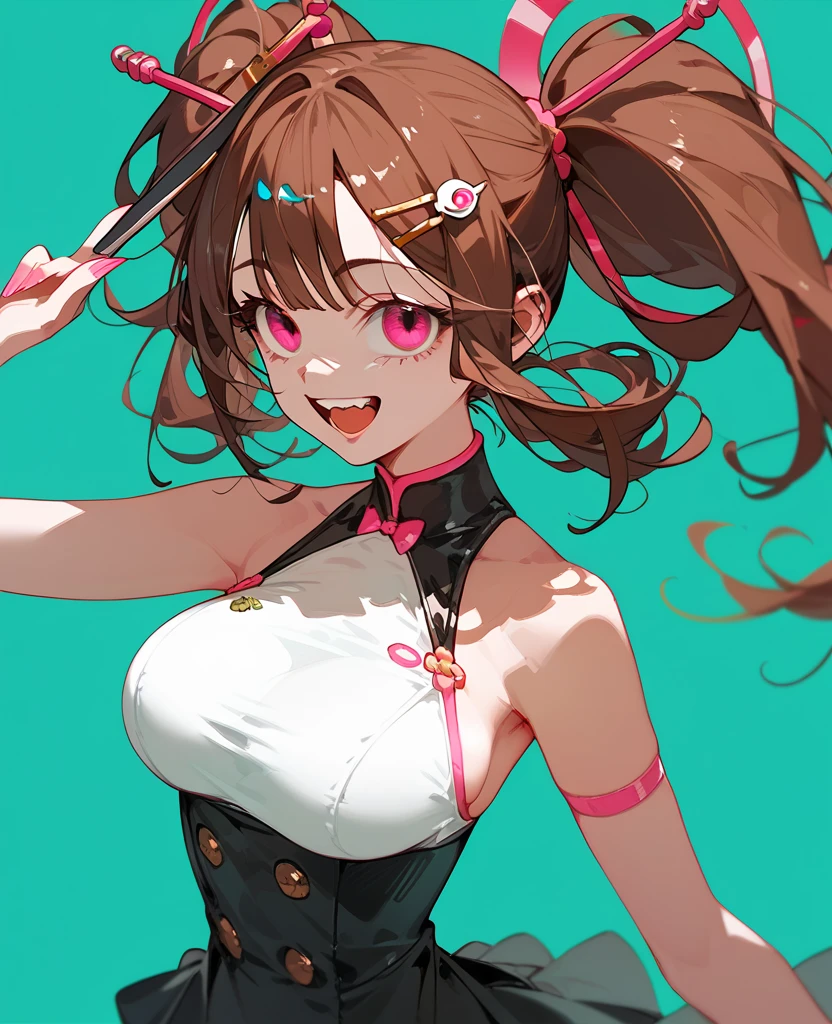 masterpiece, best quality, highres, 1girl, kizuna ai, large breasts ,long hair, brown hair, multicolored hair, floating hair, pink hairband, pink highlights, streaked hair, naked, apron, leaning forward, cleavage, tongue out , looking at viewer, tattoo on breasts, bare arms, pink background, white lines in background