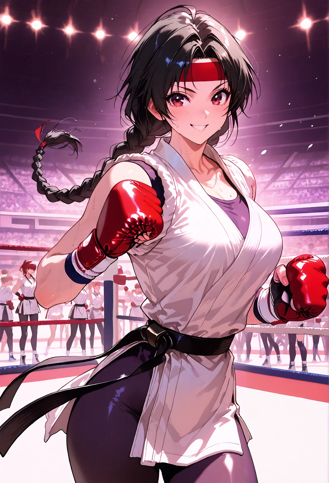 boxing ring、(black hair、braids)、(Black Belt、white uniform 、black stockings)、(赤 hachimaki、 hachimaki)、smile、woman、medium breasts、、masterpiece, 、Martial Arts Ring、Stadium、 lots of people、Best Quality, ,, perfect body, , black fingerless gloves , , Shiny Skins, Steamy sweat, is written in depth, inside a mixed Martial Arts Ring, lots of spectators, motion line, speedline ,
