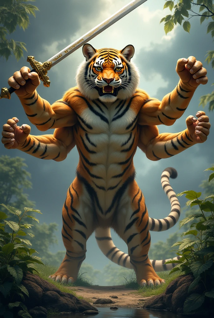 Tiger Man、Tiger face、Tiger Body、Body hair all over the body、Long body hair、thick tail、pure white belly、Patternless belly、Jumping、Kicking、straighten one leg、Upturned face、Big golden eyes、sharp claws, white fang opens、On the branches of trees、Composition from the side、White loincloth、abdominals