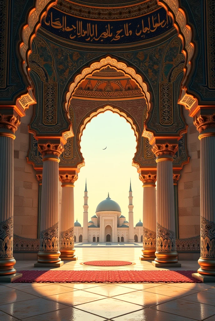 crescent moon, mosque with four tall minarets, art style, soft warm colors, bright