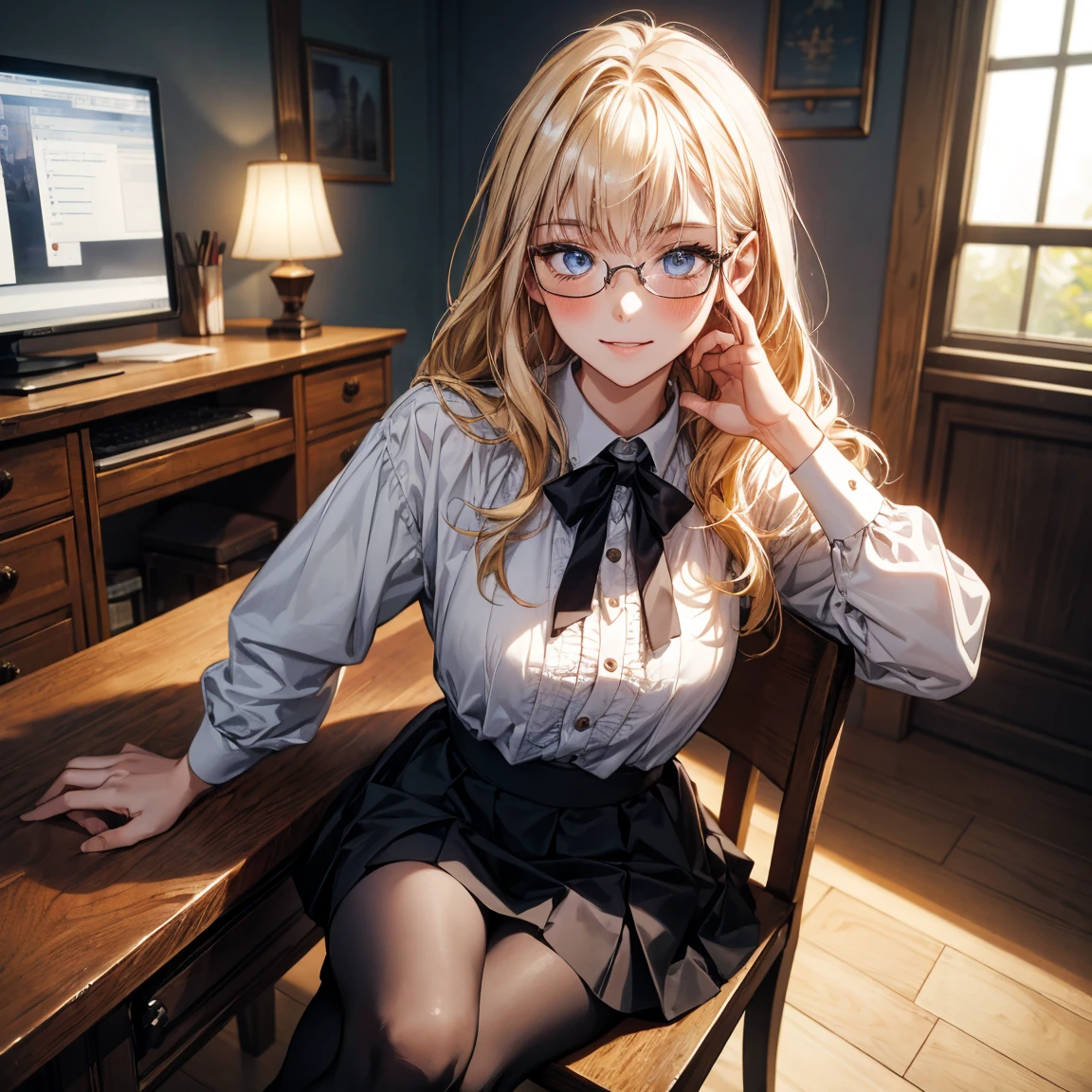 Masterpiece, 最high quality, high quality, High resolution, high quality texture, high quality shadows, High resolution, Beautiful details, Detailed CG, Detailed Texture, Realistic representation of face, Realistic, colorful, delicate, Cinematic Light, Side light, Lens flare, Ray Tracing, sharp concentrated, (1 Girl,concentrated:1.3), ( Intricate details, compensate, PureErosFaceV1:0.5), (細部まで美しいdelicateな顔, 緻密で美しいdelicateな瞳, Perfect Facial Proportions, Dense skin, Optimal ratio of four fingers to one thumb, Arms under chest, Modest chest, Wide Hips, Smooth upper abdomen, 30 years old, blue eyes, glasses,cabin attendant uniform,,white blouse,tight fitting black skirt,black stockings, study, wooden desk, wooden chair, secretary ,house wife,curvy,sweat,missionary,seductive gaze, the gaze of true love, lips of temptation, A look full of compassion ,a smile full of love, i love you, Acting lovey-dovey, air fortress hair, blonde hair, I love you so much I'm crazy,i love you