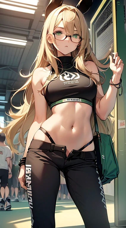Girl, Long hair, blonde hair, forehead, dark green eyes, big breasts, seductive smile, clenched teeth, hands on hip, Bikini top only, denim shorts, jacket, City