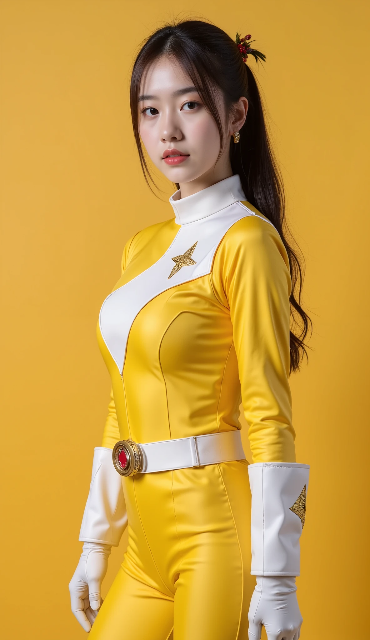 Solo, 8k, photoshoot, perfect body, perfect skin, slim body, flawless, glowing skin, beautiful face, natural makeup, super realistic, High Resolution, Masterpiece, Anatomically Correct, Best Quality, High Details, HD, High Quality, Super Detailed, 19 years old girl with power ranger yellow costume, inspired by Choi buk, yellow and white colour suit, white black gloves, high detailed, super detailed, movie version,anime cosplay style、
big breasts、10-life、Slim body、Naughty face