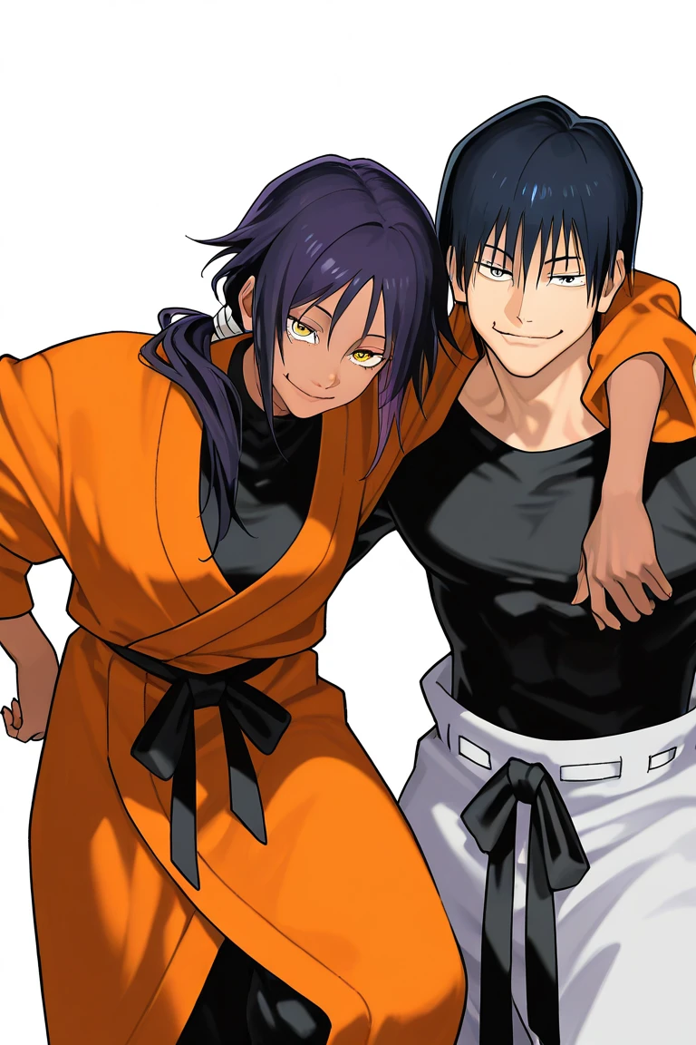 Woman and man, couple, two people, 1 man, 1 woman
1 woman: plain black background,
y0ruichi_shihouin, dark skin, purple hair, yellow eyes, ponytail, long hair, tied hair,
orange robe, tight black pants,
standing, leaning towards Toji, arm around Toji's neck,
smiling, mouth closed, looking at the viewer

1 man: touji_fushiguro, black hair, black eyes, short hair, hair between eyes, bangs, black shirt, white baggy pants, cheerful pose, white background, looking down at the viewer