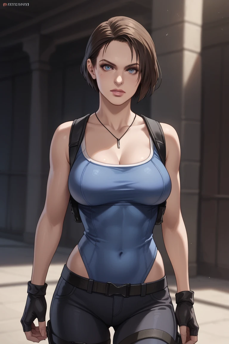 (Obra de arte, melhor qualidade:1.2), jill Valentine, 1 garota, pose lateral, she has her body on her side, de lado para o espectador, fingerless luvas, luvas, olhos azuis, cabelo curto, cabelo castanho, Sozinho, coldre, pernas abertas, seios, pants, regata, cinto, large seios, black luvas, olhando para o lado, shoulder coldre, cotoveleiras, thigh coldre, parted lips, lips, blue regata, camisa azul, contrapposto, blurry, clavicle, redesenhar, sem mangas, Jill Valentim,