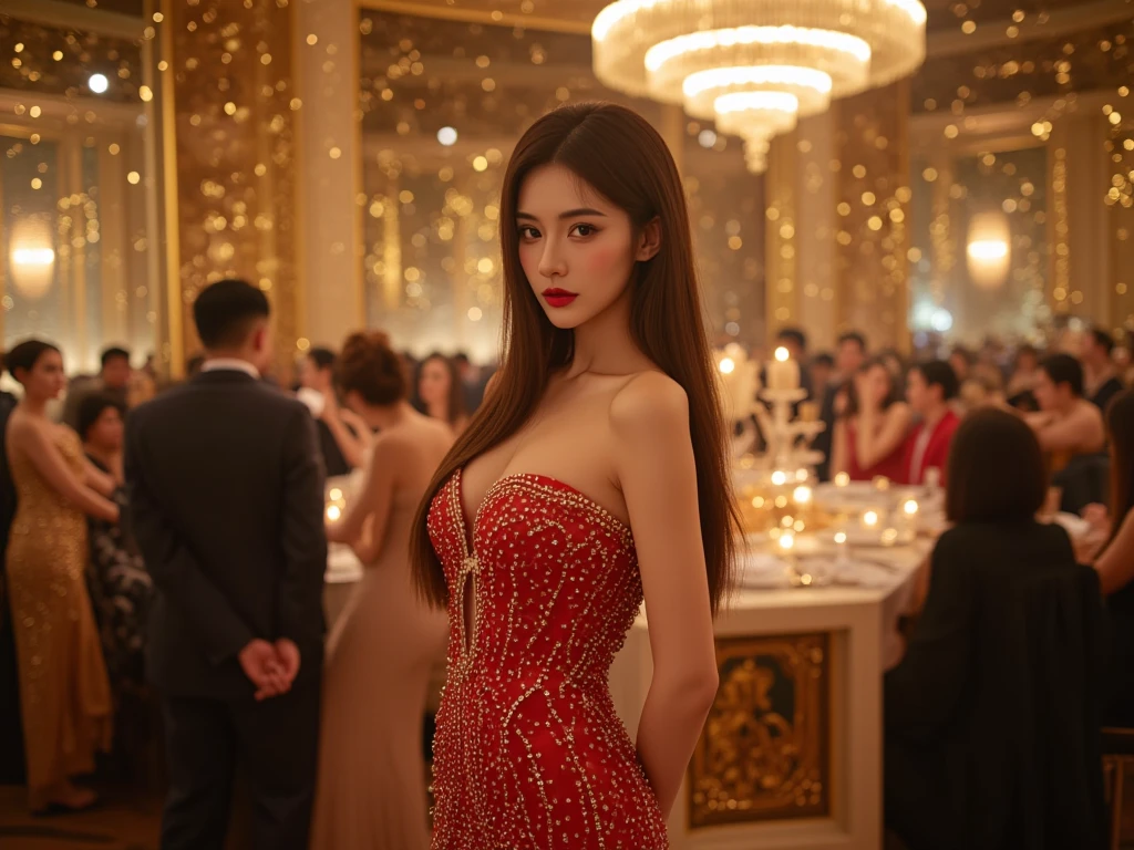 ultrarealistic, photography, long red hair, girl, 24 years old, hourglass figure, perfect body, natural small breasts, extremely detailed artgerm, in the style artgerm, lens 35 mm, blur background, in a crowded club, neonlights, dancing, wearing a shiny red dress and black elegant high heels, (wide angle) (full body shot) (picture from the front) (frontal)