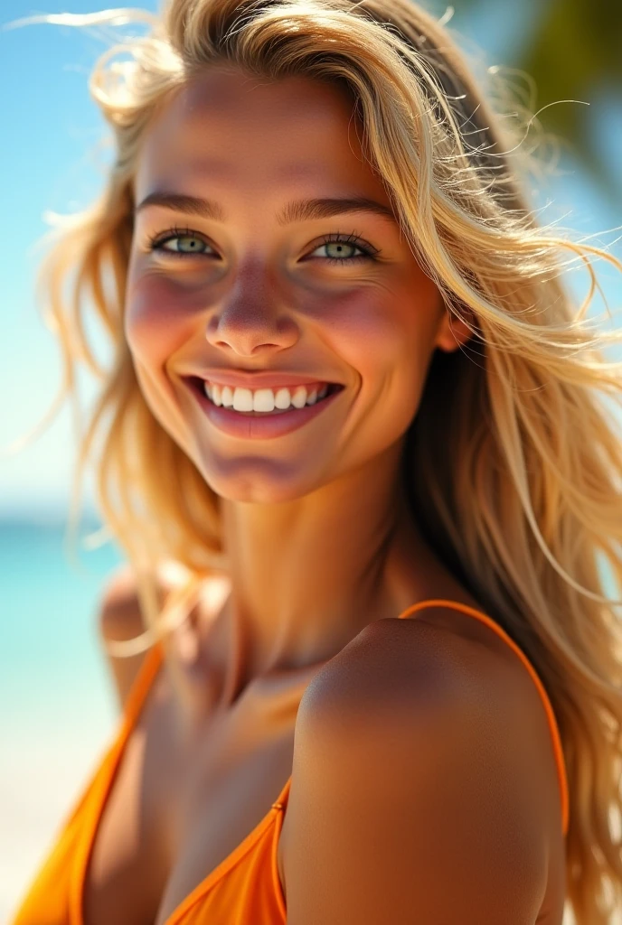 A captivating Caucasian woman with a radiant complexion and natural smile, aged 40, blonde, her cropped hair framing her heart-shaped face as she stares directly into the camera, her symmetrical eyes sparkling with warmth. large breasts visible in a swimsuit. she's got small curves. Soft ambient lighting accentuates the texture of her flawless skin, reminiscent of Sandra Bullock's porcelain doll features. Her navel is subtly visible, adding to her elegant milf appeal. Framed in 8K on a DSLR, the high-quality lighting and subtle grain of the film evoke award-winning photography, highlighting the outstanding imaging capabilities of the Fujifilm XT3. on the beach