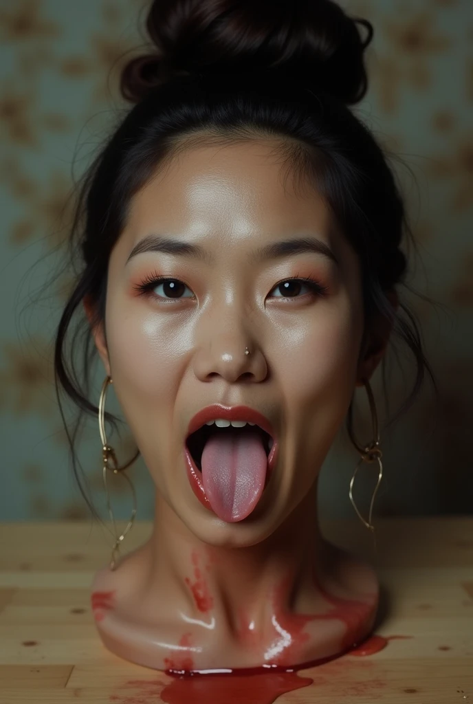photograph of A red Korean woman with long black hair big and large devil horns laying inside of two giant thick Inside the filling tubes that have to be at least one foot in diameter, the mouth is wide open as she looks down into it while her face expression shows extreme pain from being in the style of Air Fitzgatieh's tongue, photorealistic, shot on canon dsir, full body shot hyperrealistic human figure, Porta 160 color, shot on ARRI ALEXA 65, bokeh, sharp focus on subject, shot by Don McCullin