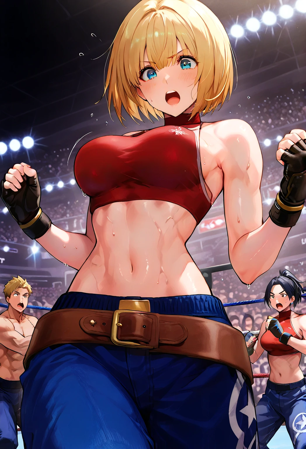 (男性とwoman)、boxing ring、、and their breasts are rubbed、golden hair、short hair、(Blue Marie Costumes)、jeans for 1 person、Red Tank Top、 surprised、cover、woman、medium breasts、、masterpiece, 、Martial Arts Ring、Stadium、 large audience 、Best Quality, ,armlock, perfect body, , fingerless gloves , , Shiny Skins, Steamy sweat, inside a mixed Martial Arts Ring, A lot of spectators, motion line, speedline , Rub your breasts