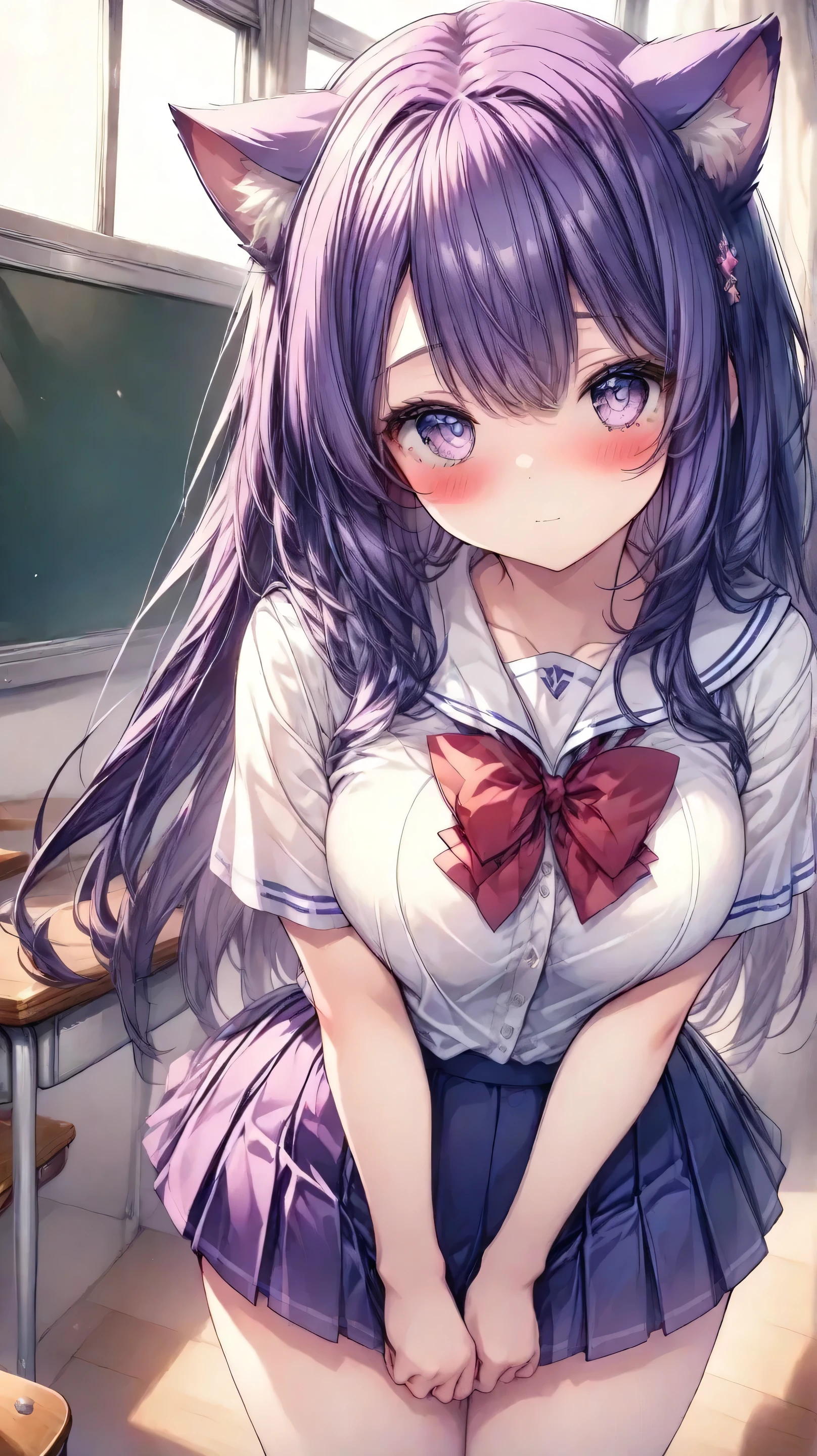 Cat-eared girl, , long hair,  a girl, blush, La mejor calidad, Model HD,  in school uniform