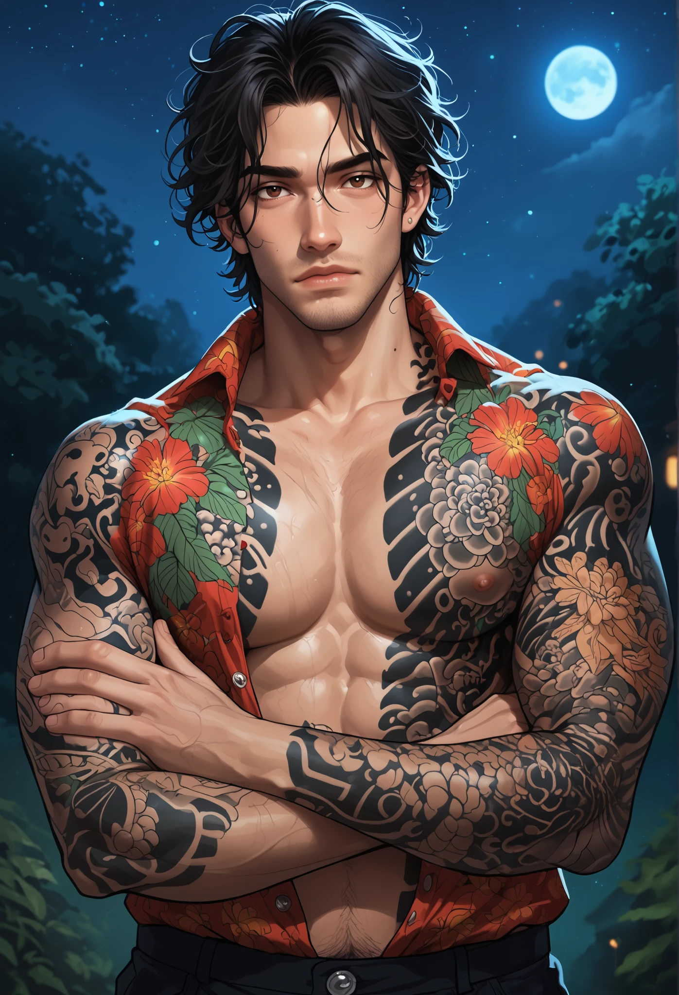 1men, calm expression, adult, muscular, body covered in tattoos (Tattoos on arms) (Tattoos on chest), (Tattoos on abdomen), (Tattoos on neck), Dark hair, messy hair, brown eyes, unbuttoned hawaiian shirt, (Night:1.4), portrait. score_9, score_8_up, score_7_up.