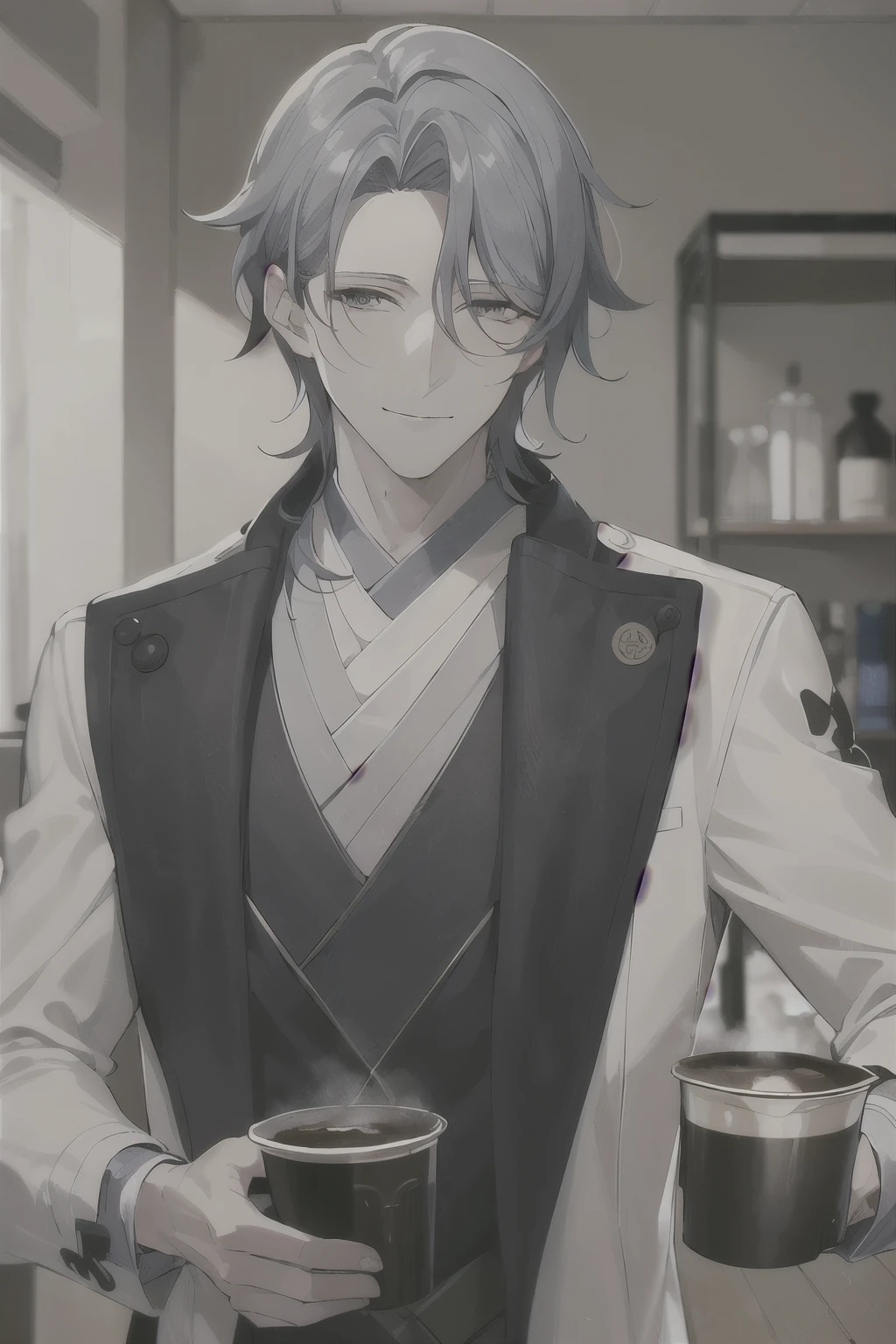 (((Masterpiece))),better quality,1 man,  Tall, beautiful, sophisticated , Camisato Ayato, One, фон «coffeeйня», there isиста, coffee, blue apron, чашка coffee,  shirt, there is
