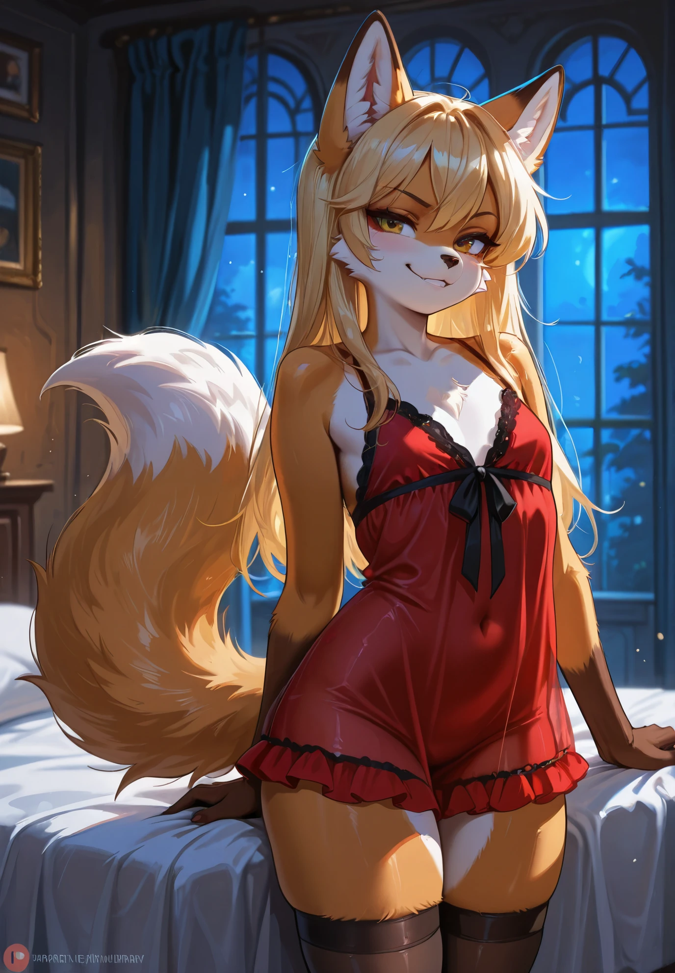 Highest quality,Highest Resolution,Smiling beautiful girl in fox leotard,High leg,Very beautiful eyes,Standing posture,front,Bedroom,Night view outside the window,