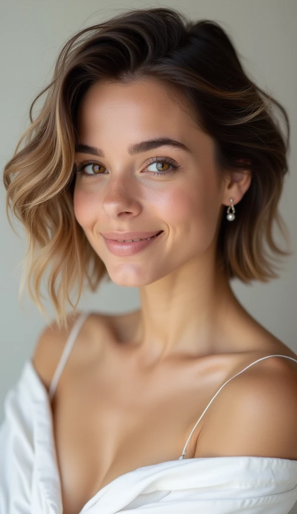 a woman flirty smiling, wearing a long sleeve tshirt with mom jeans, 30 years old, caroline gariba-kailee mandel-corinne day-alana fletcher-magalie villeneuve-fernanda suarez-christina kritkou-malika favre merged, entire body visible, short plump body, chubby, detailed facial features, beautiful detailed eyes, beautiful detailed lips, extremely detailed eyes and face, long eyelashes, detailed clothing, realistic, photorealistic, photo-realistic:1.37, best quality,4k,8k,highres,masterpiece:1.2,ultra-detailed,realistic lighting, warm color tones, soft focus, beautiful skin, natural expression