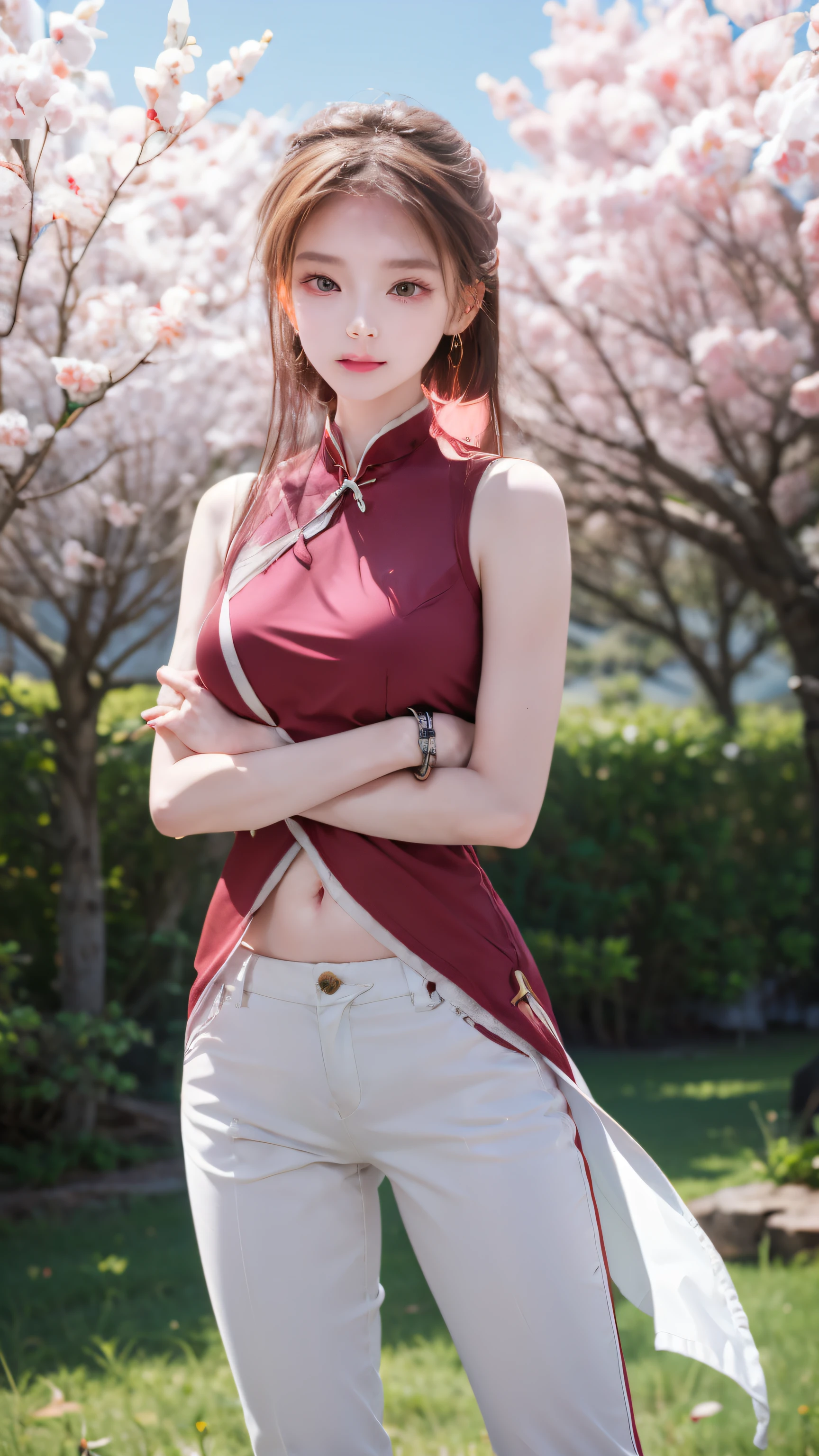 masterpiece, absurdres ,1girl, haruno sakura,forehead mark, red hairband, red sleeveless dress, white pants,navel,   groin,   bracelet, looking at viewer, crossed arms, smile, cherry blossoms, wind, floating hair, 