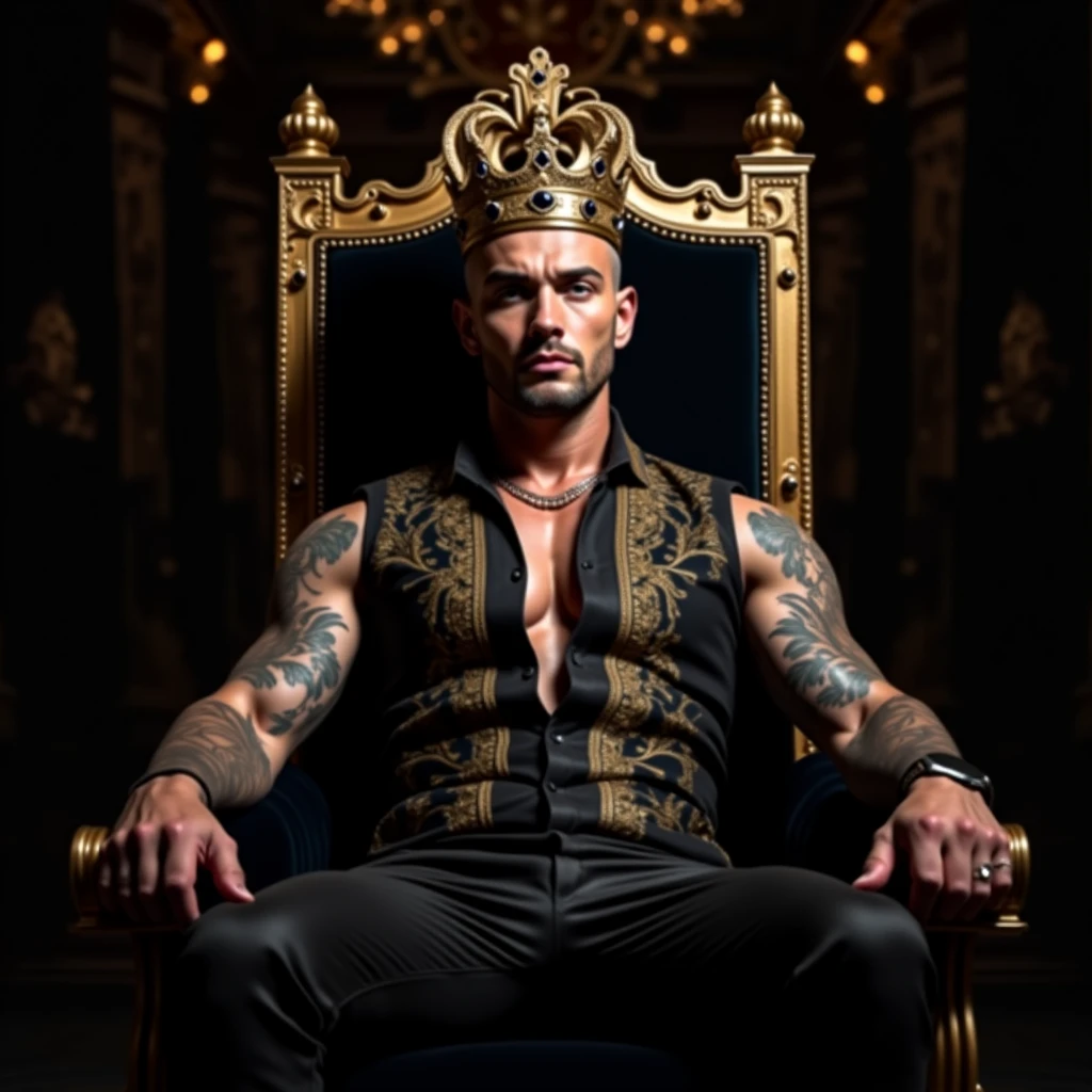 a surreal courtly photography, ultra-detailed, panoramic composition of subject and complete surrounding environment, handsome manly young topless christian hogue sitting on a throne, wears rich silks shorts and decorations, a crown on his head, Gold snake pattern tattoo , inspired by Cornelis Engebrechtsz, inspired by Nikolay Nikanorovich Dubovskoy, inspired by John Nelson Battenberg, inspired by Konstantin Westchilov, maximalist art nouveau, modern art nouveau, Artem Demura. Alphonse Mucha. Homem com asas de anjos