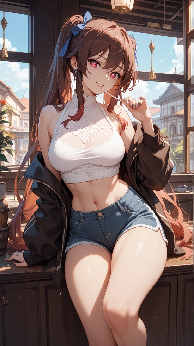 Anime illustration、highest quality、Short high school girl、Transistor Grammar、Cowbell collar、big belly button piercing、Holstein daughter、Cow print tube top、hot pants、Cow print knee socks、Perfect proportions、vast ranch、Pasture、Cowshed、Clear skies、overwhelmingly big breasts、Beautiful, shining eyes、Cowboy Shot、smile、Excessive sweating、Noise Reduction、Give me your hand