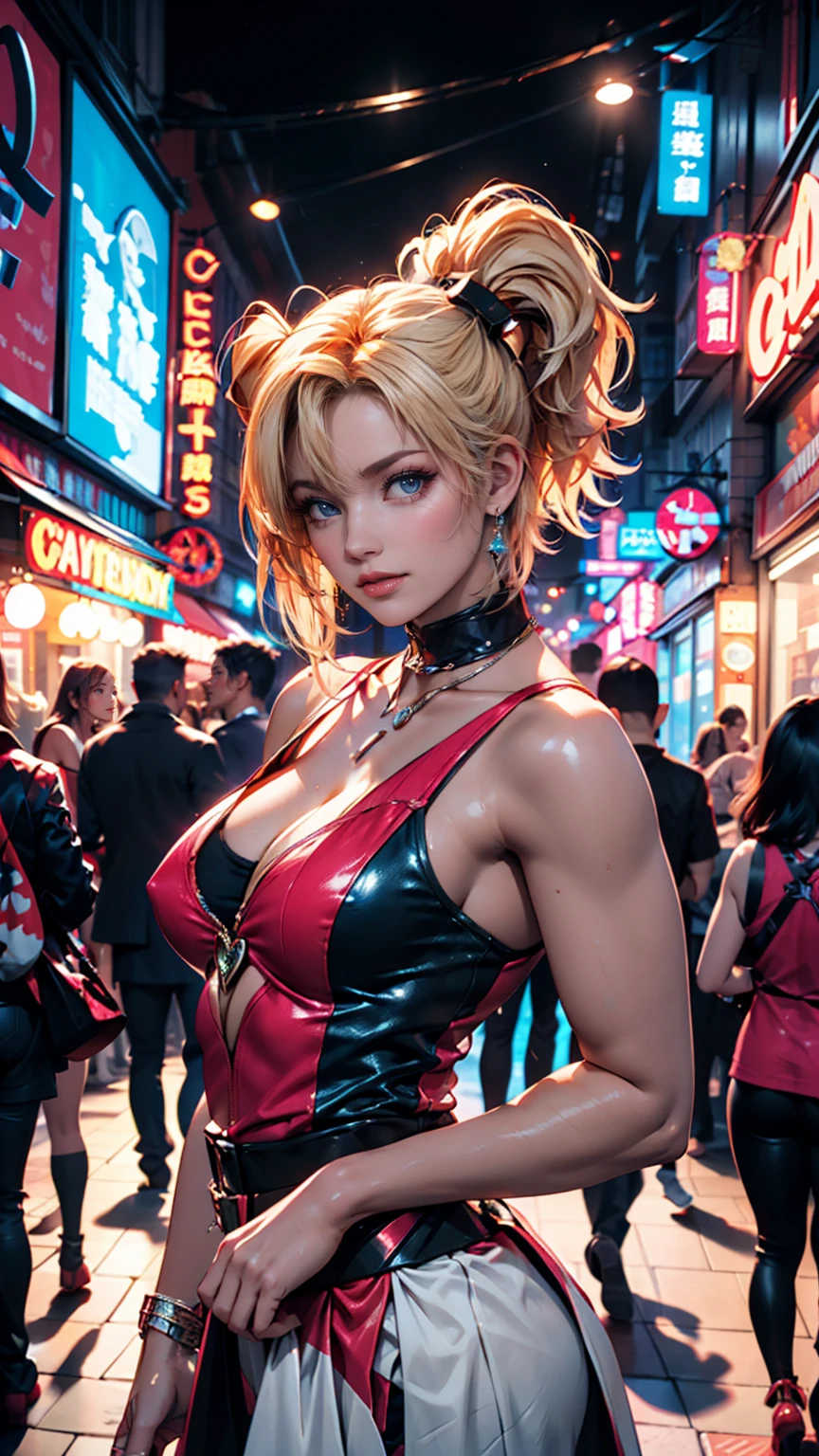 naruko_jutsu_sexy, blonde hair, black dress, wet clothes, heavy rain, detailed clothes on the body, tight dress, smile on the face, visible red bra, city with people, dark night
